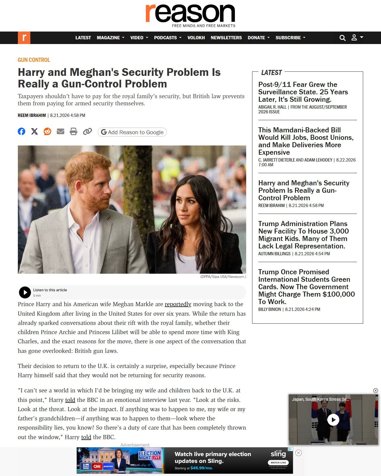 reason.com as published: Harry and Meghan's Security Problem Is Really a Gun-Control Problem