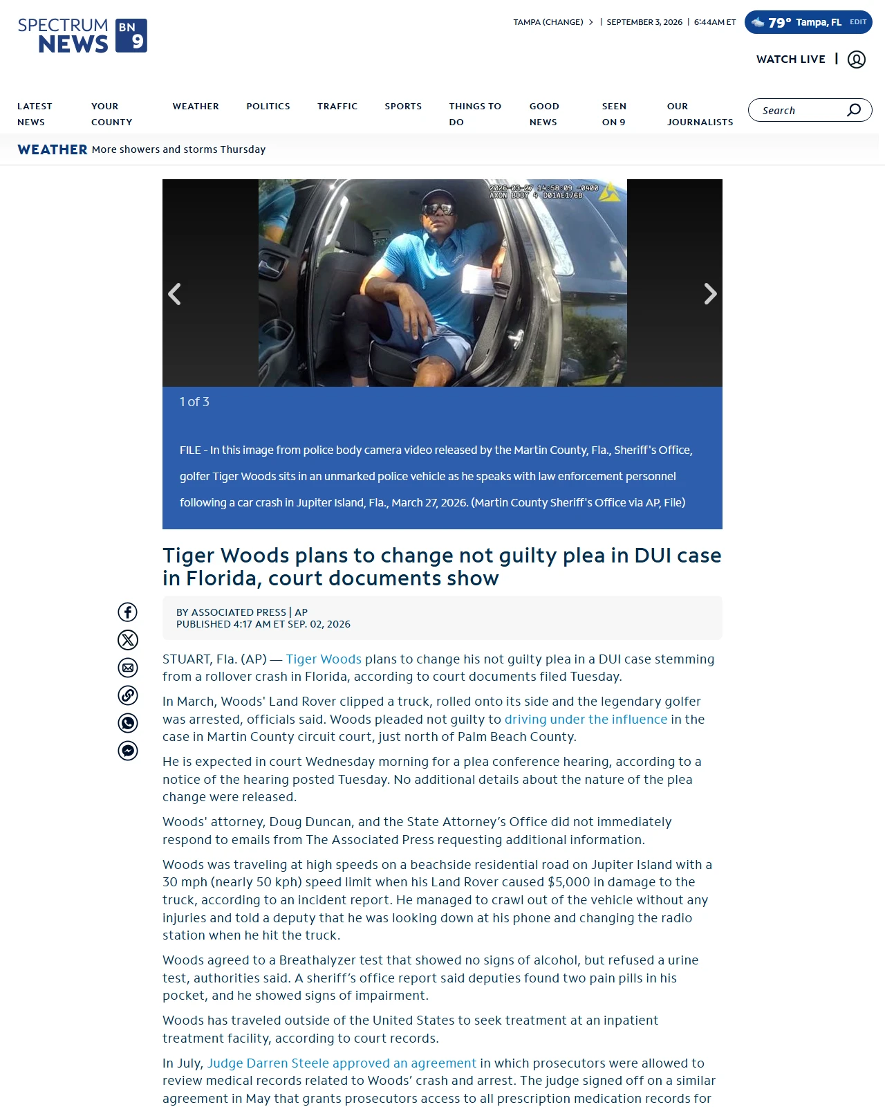 baynews9.com as published: Tiger Woods plans to change not guilty plea in DUI case in Florida, court documents show