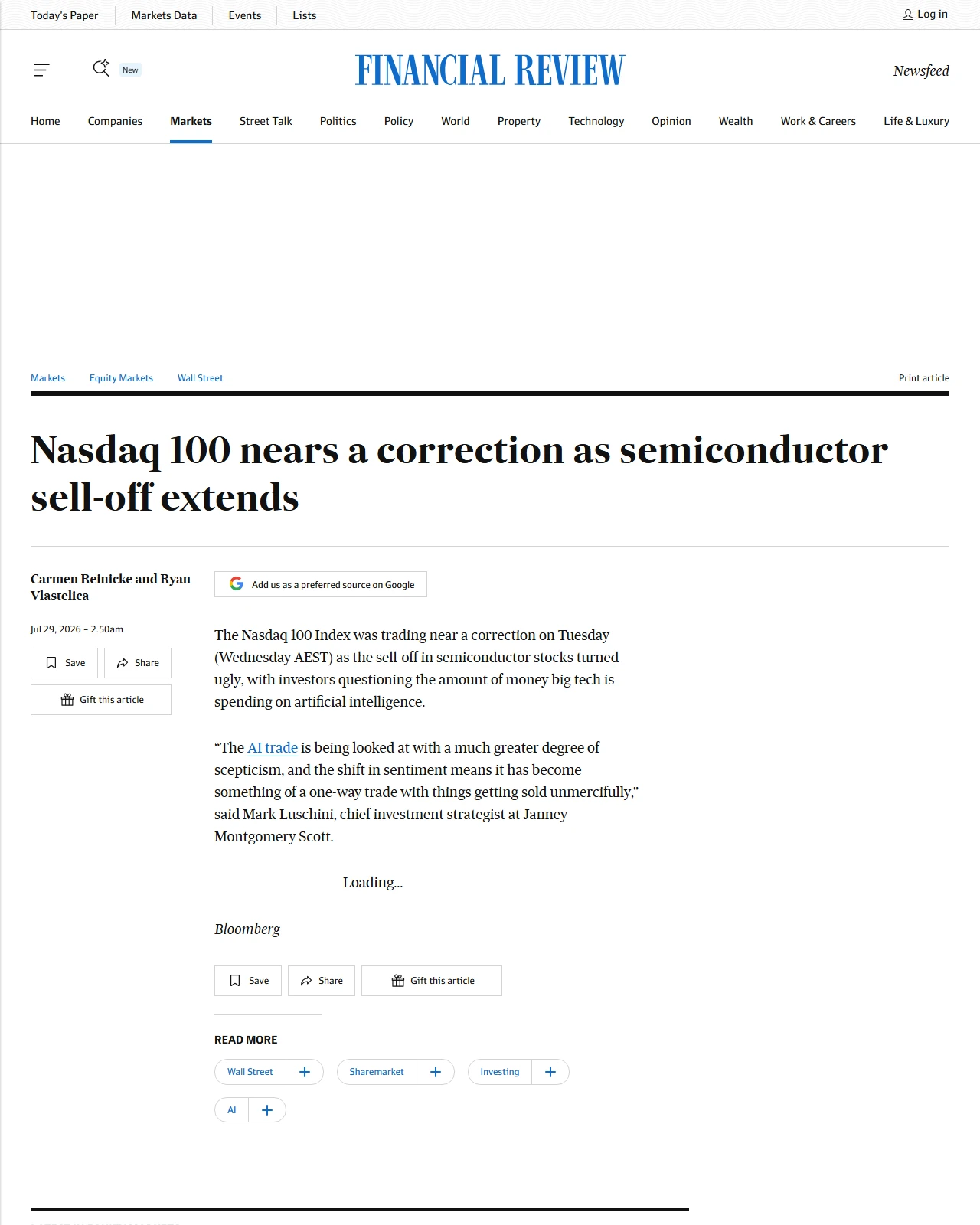 afr.com as published: Nasdaq 100 nears a correction as semiconductor sell-off extends
