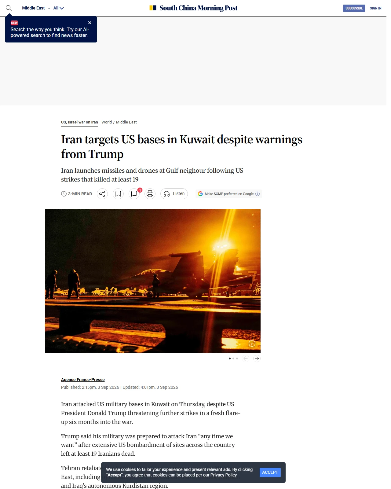 scmp.com as published: Iran targets US bases in Kuwait despite warnings from Trump