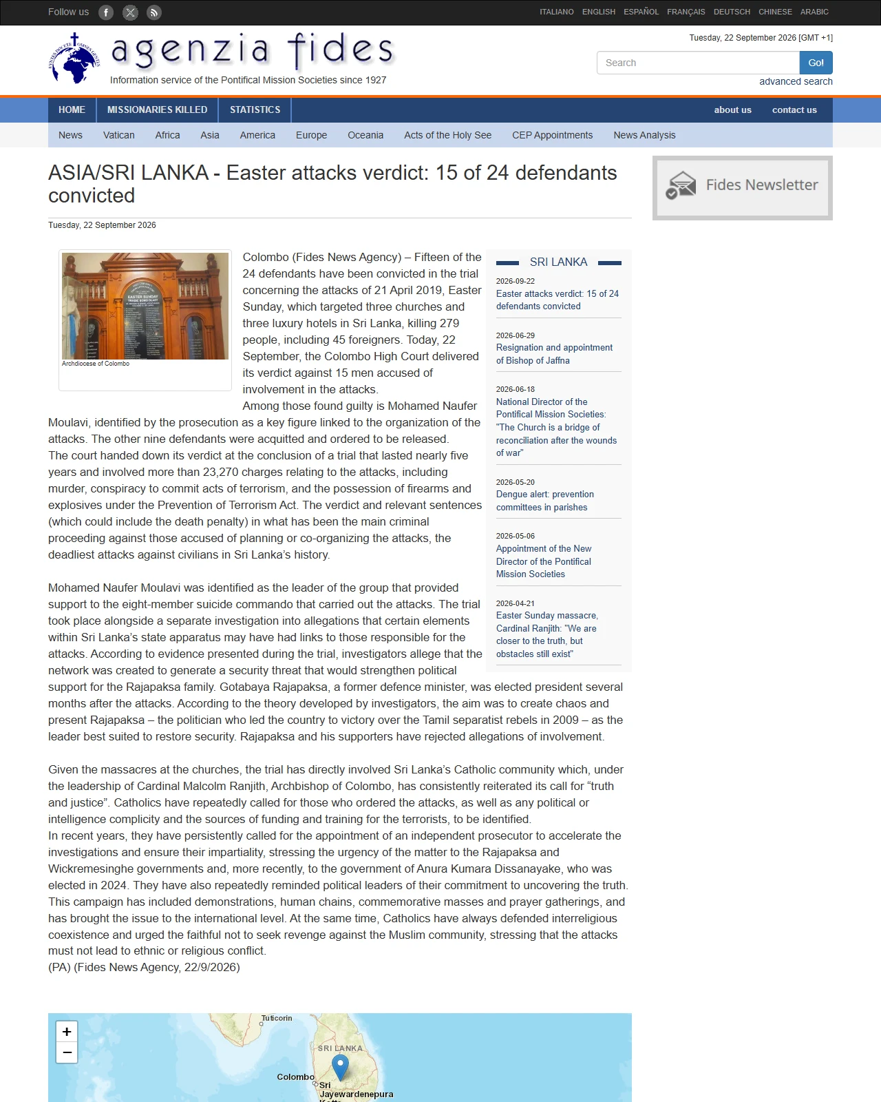 fides.org as published: ASIA/SRI LANKA - Easter attacks verdict: 15 of 24 defendants convicted