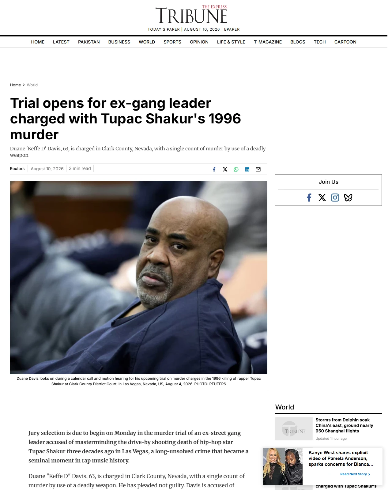 tribune.com.pk as published: Trial opens for ex-gang leader charged with Tupac Shakur's 1996 murder