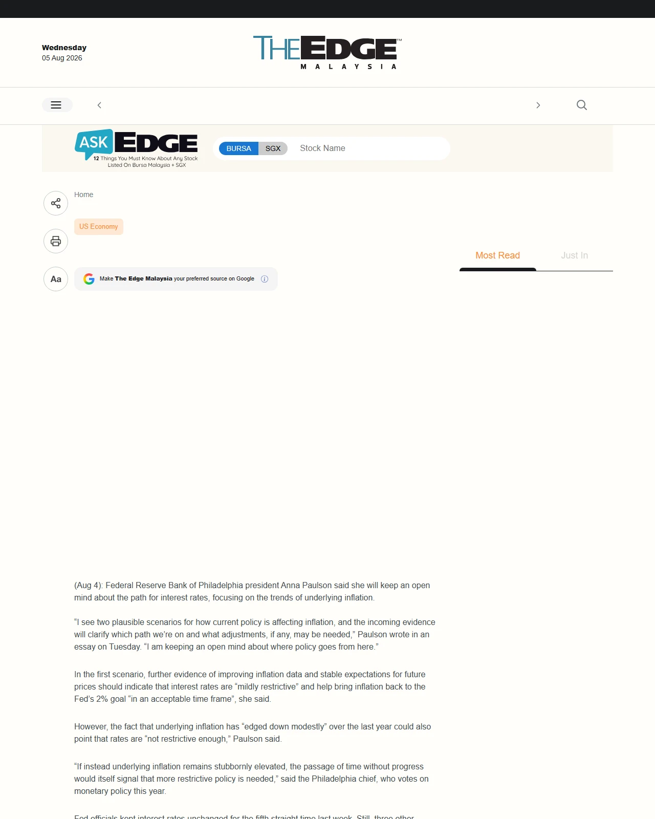 theedgemalaysia.com as published: Fed’s Paulson says she keeps an ‘open mind’ on interest rates