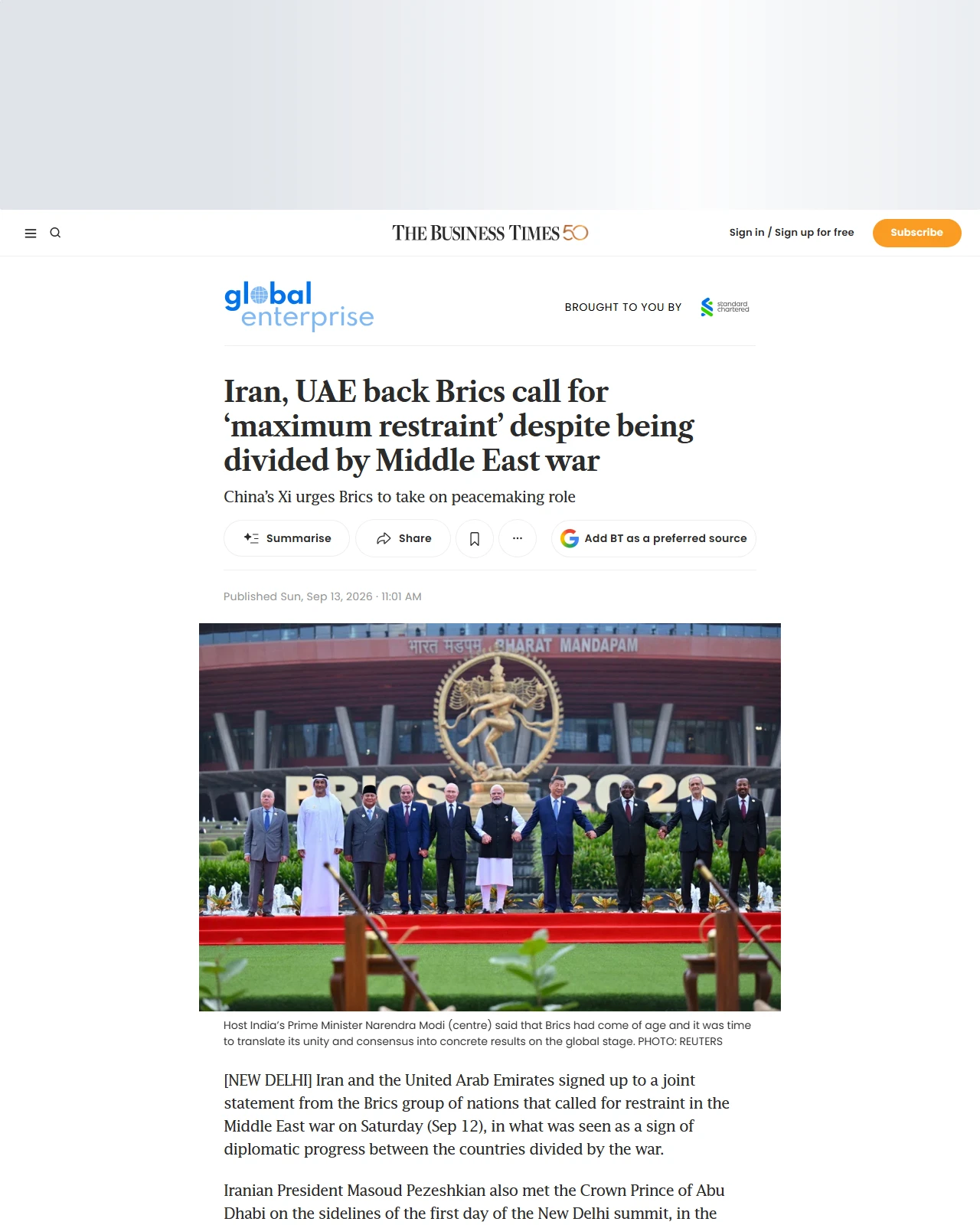 businesstimes.com.sg as published: Iran, UAE back Brics call for ‘maximum restraint’ despite being divided by Middle East war