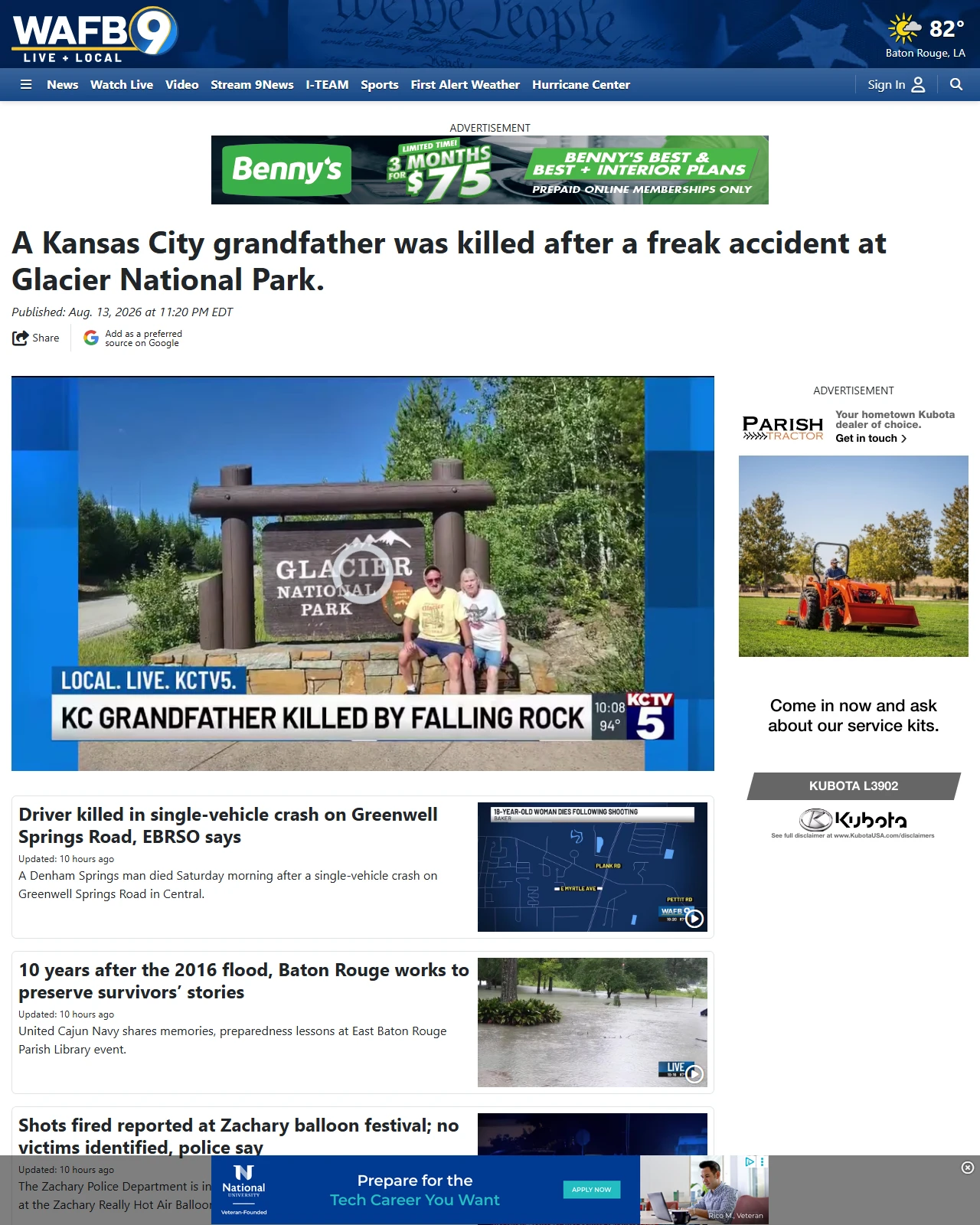 wafb.com as published: A Kansas City grandfather was killed after a freak accident at Glacier National Park.