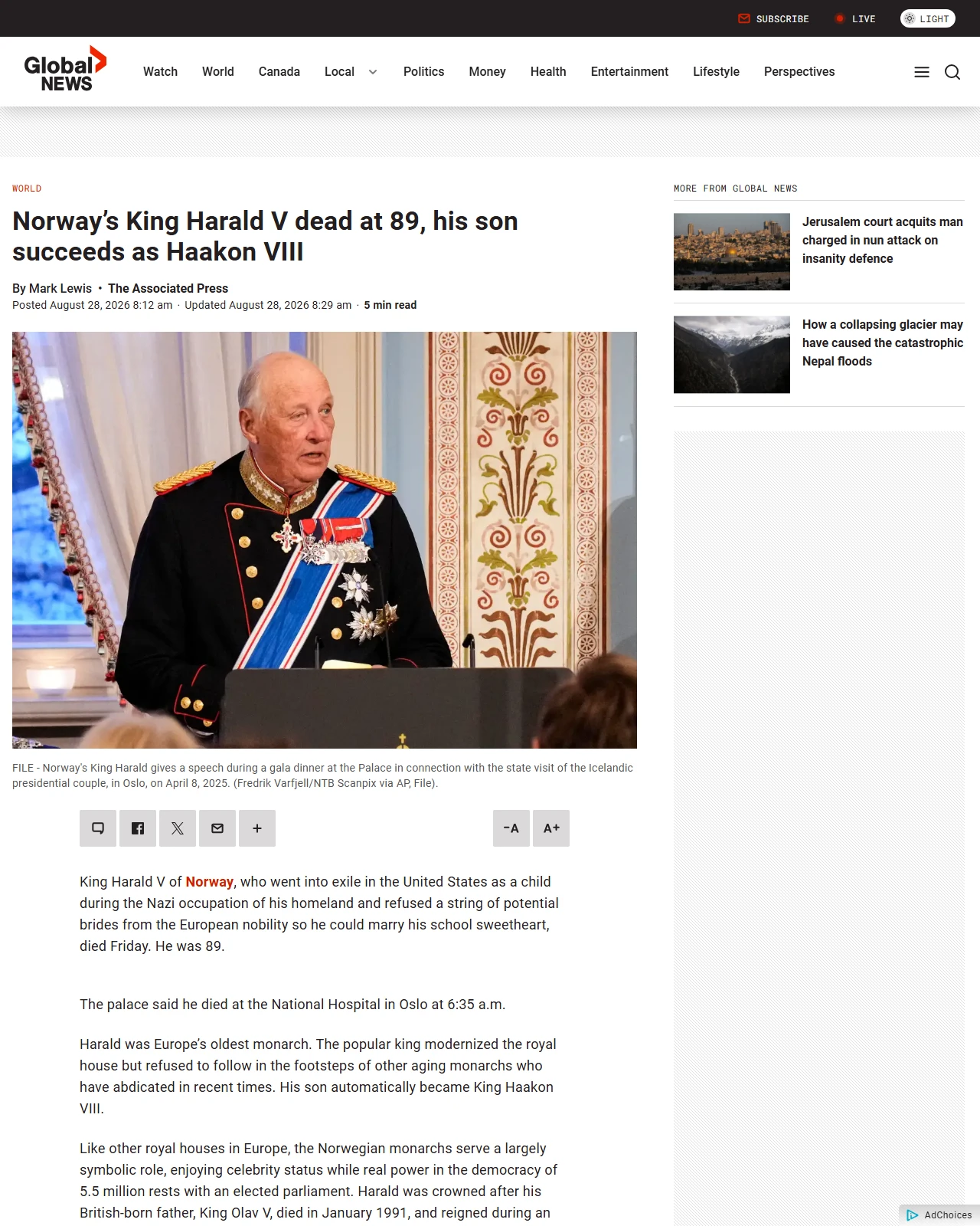 globalnews.ca as published: Norway’s King Harald V dead at 89, his son succeeds as Haakon VIII