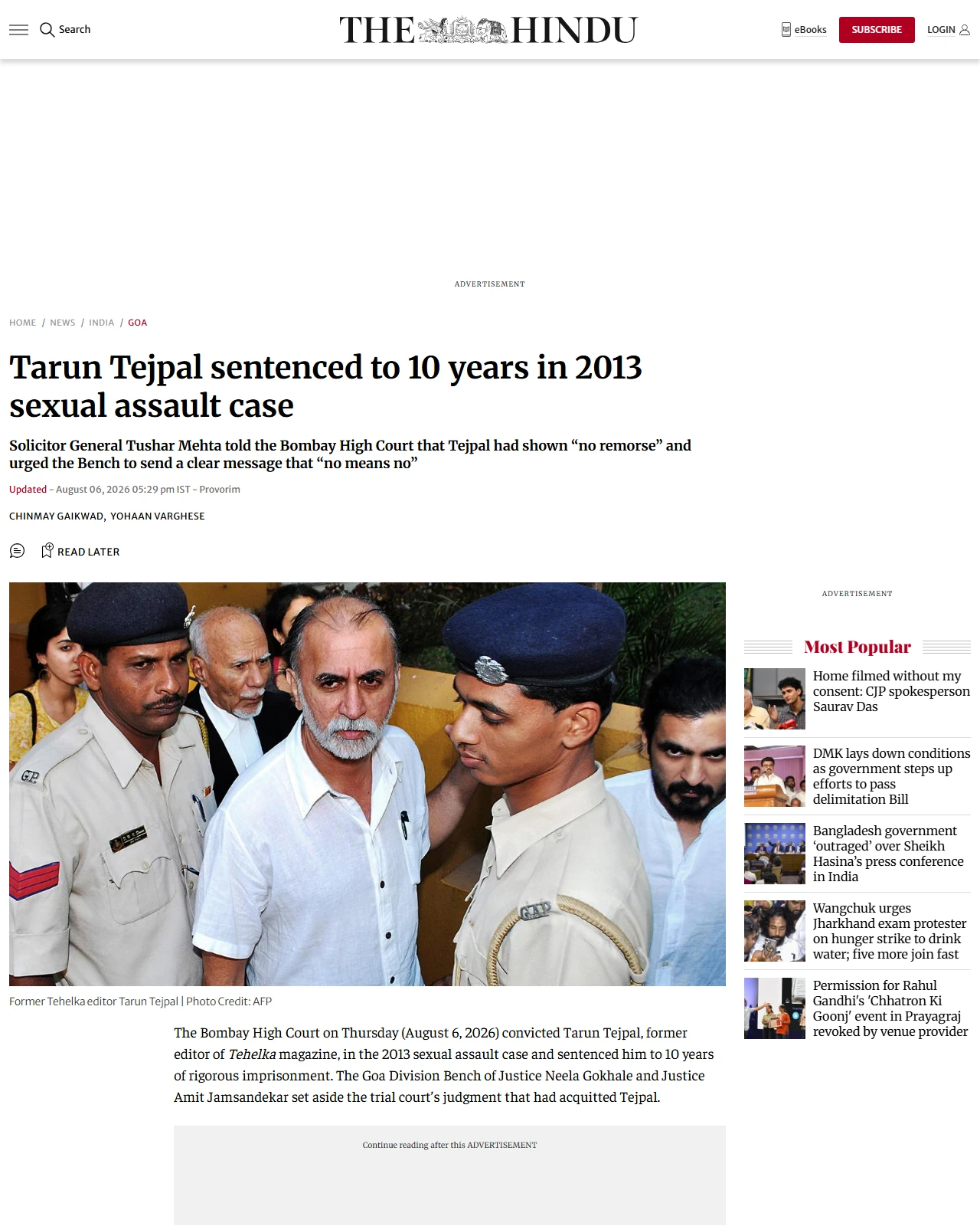 thehindu.com as published: Tarun Tejpal sentenced to 10 years in 2013 sexual assault case