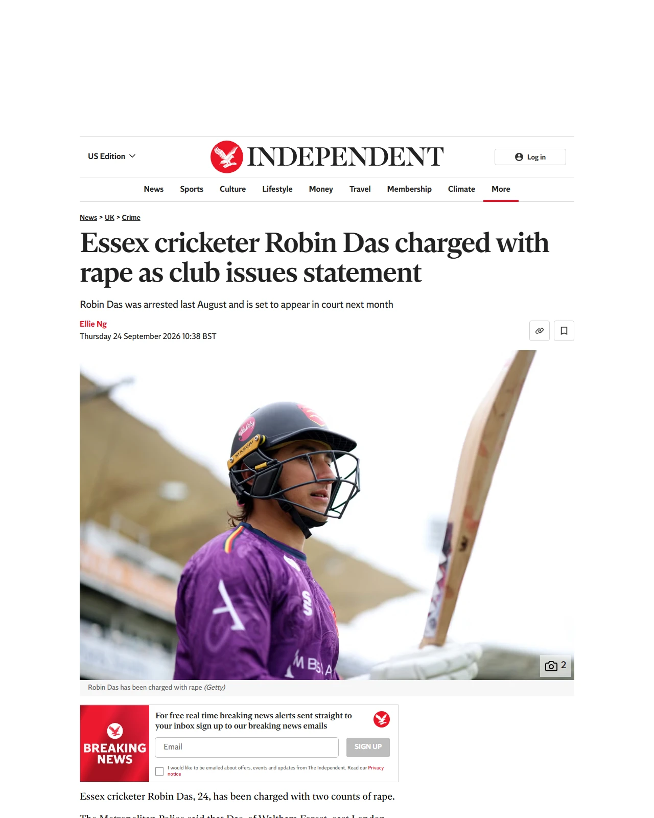independent.co.uk as published: Essex cricketer Robin Das charged with rape as club issues statement