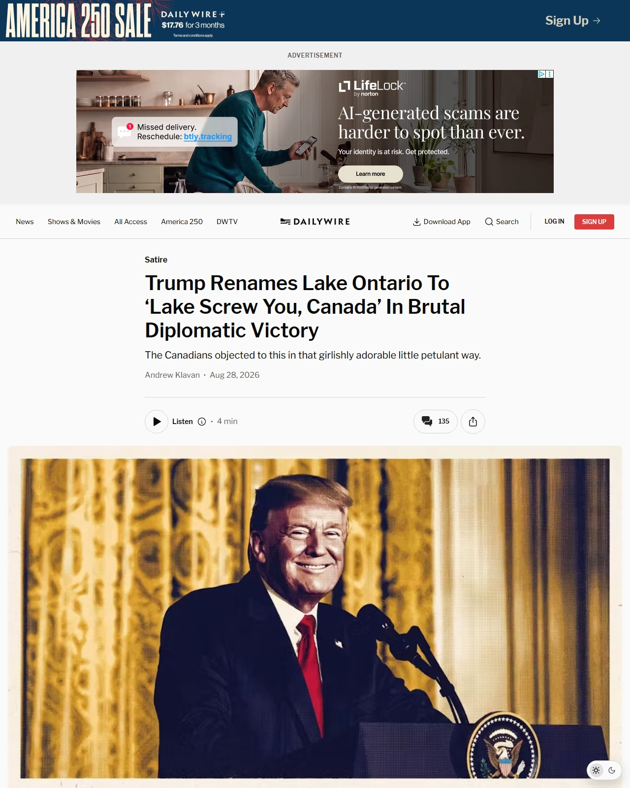 dailywire.com as published: Trump Renames Lake Ontario To ‘Lake Screw You, Canada’ In Brutal Diplomatic Victory