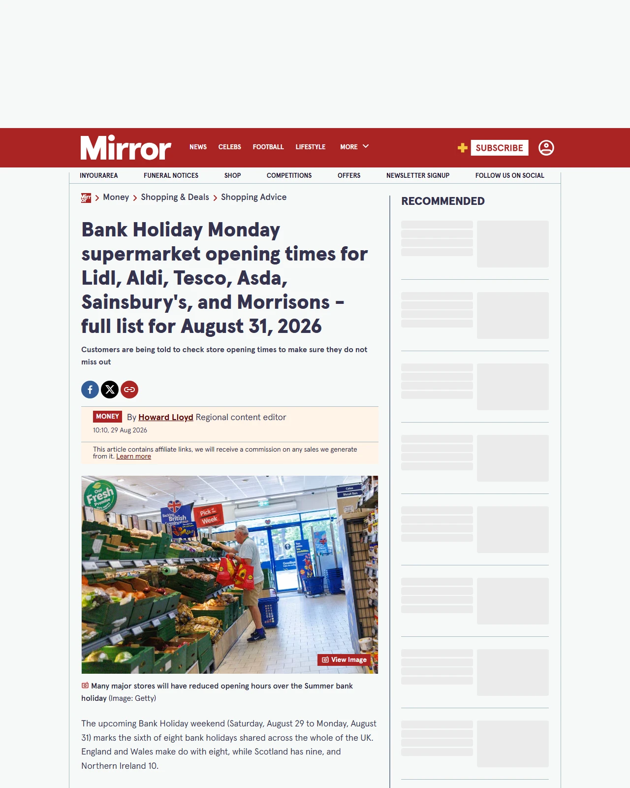 mirror.co.uk as published: Lidl, Aldi, Tesco, Asda, Sainsbury's, Asda Bank Holiday opening times