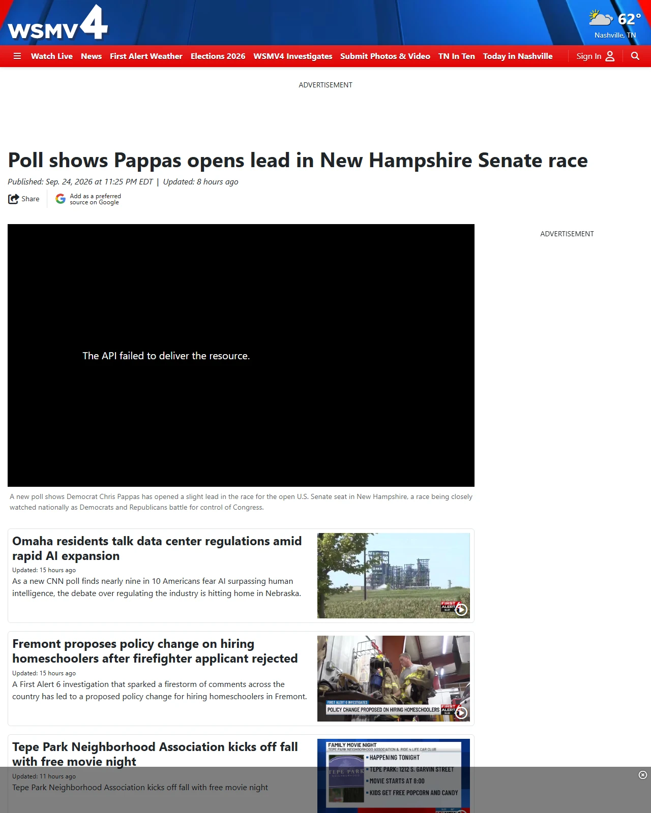 wsmv.com as published: Poll shows Pappas opens lead in New Hampshire Senate race