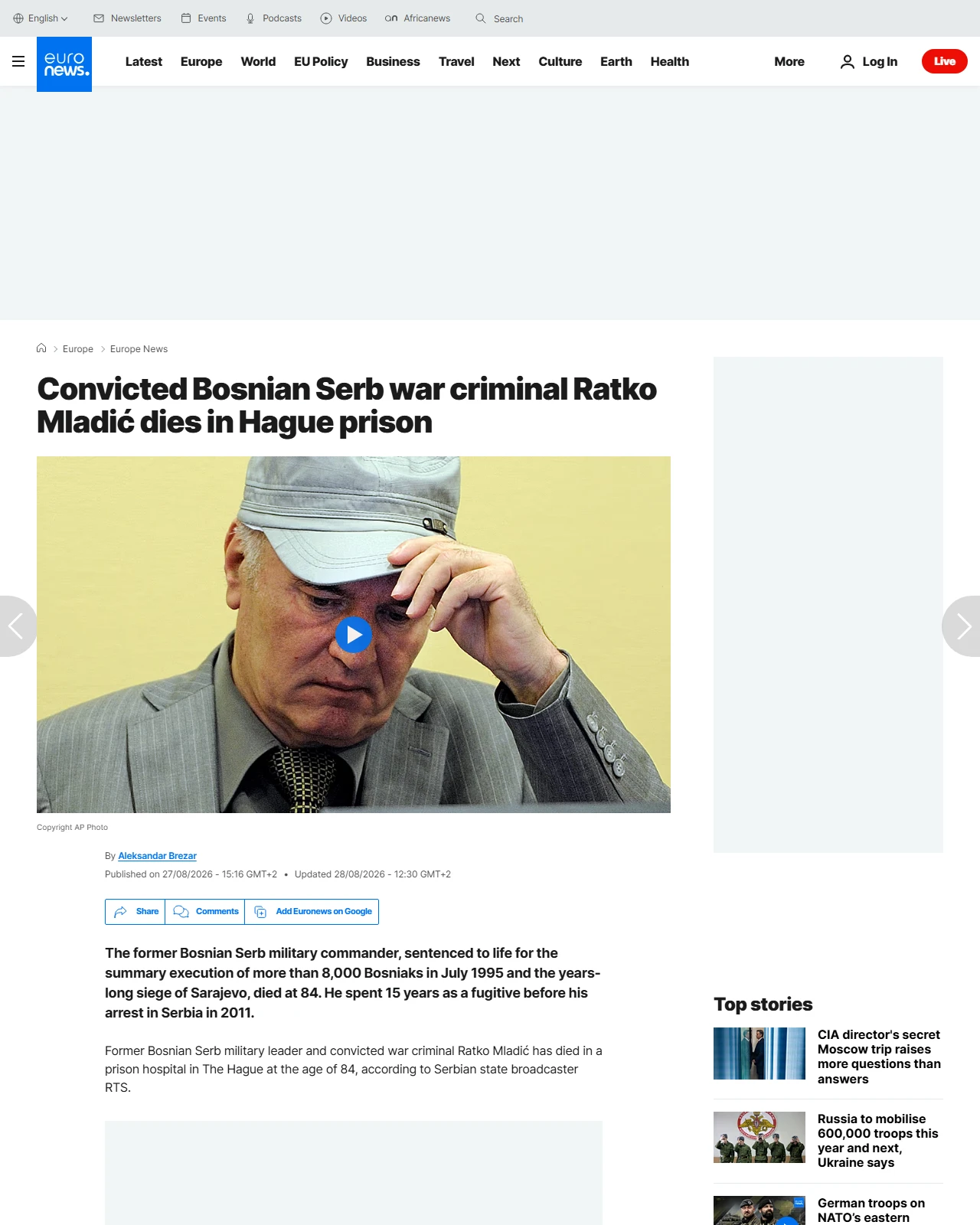 euronews.com as published: Convicted Bosnian Serb war criminal Ratko Mladić dies in Hague prison