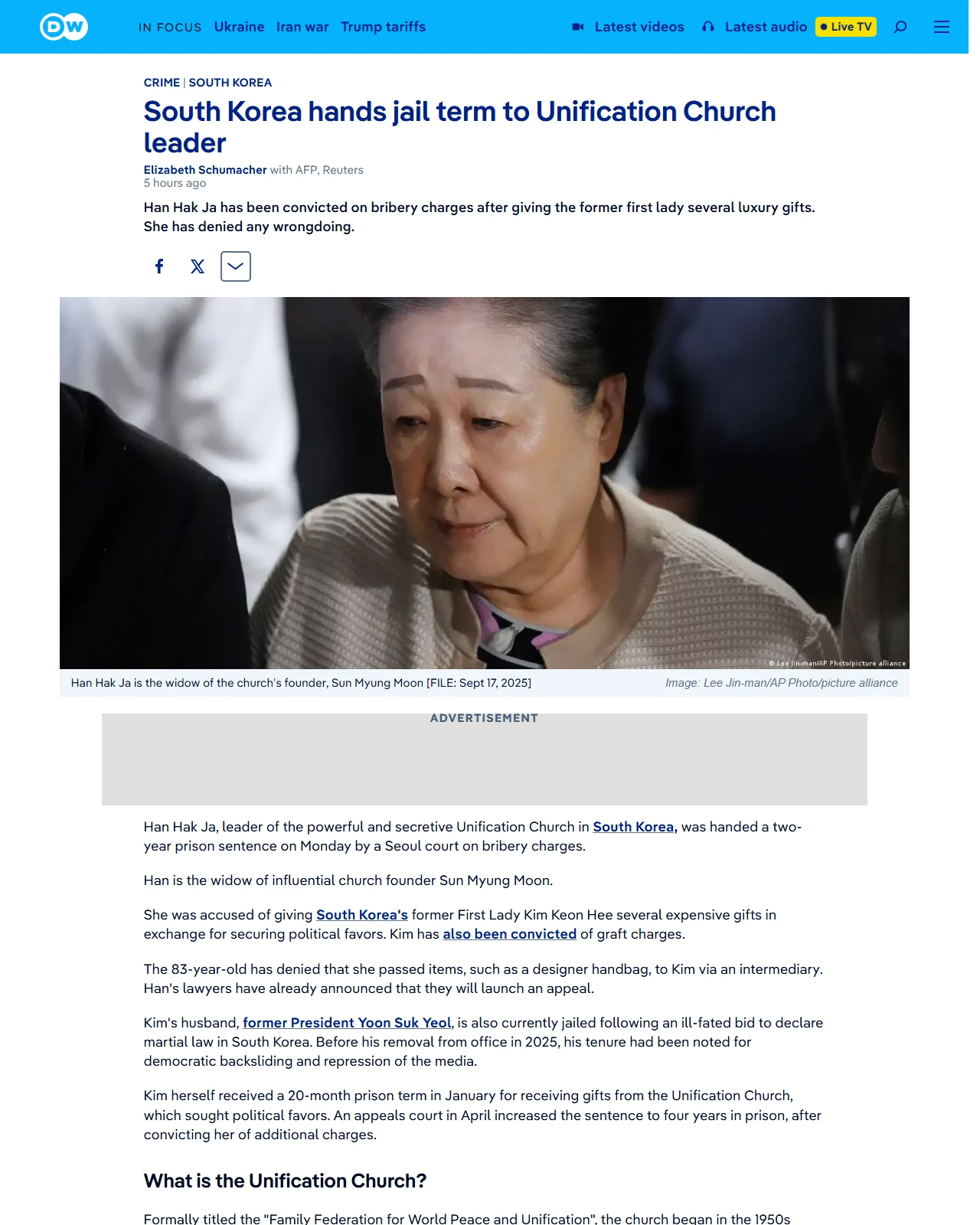 dw.com as published: South Korea hands jail term to Unification Church leader