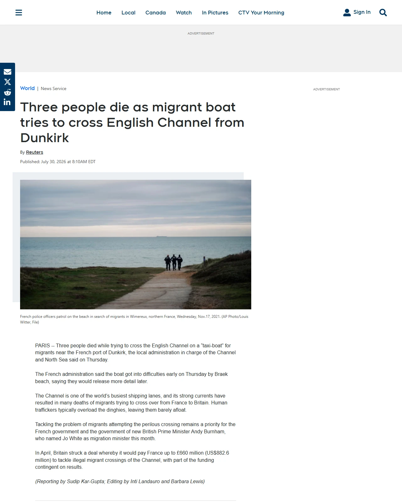 ctvnews.ca as published: Three people die as migrant boat tries to cross English Channel from Dunkirk