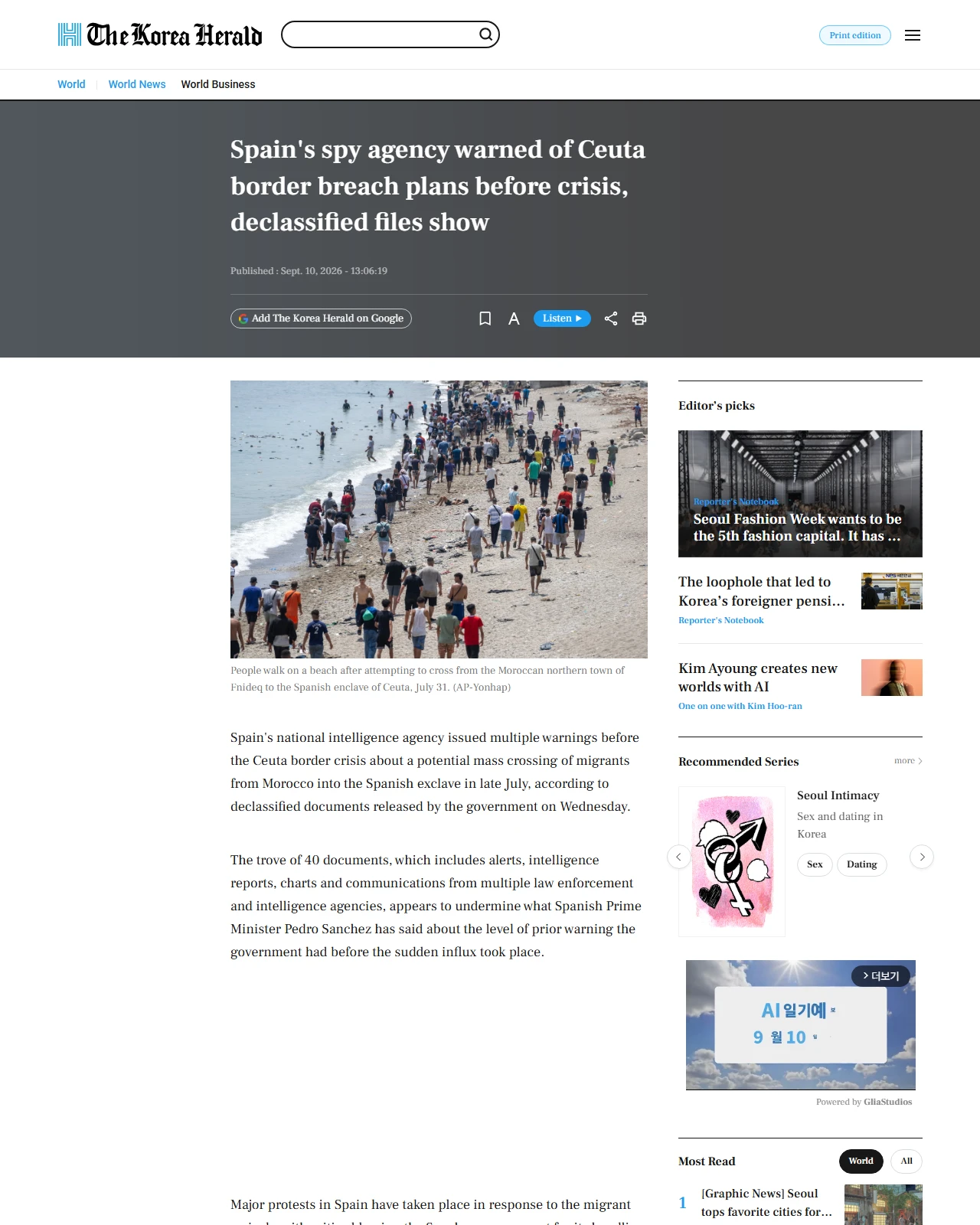 koreaherald.com as published: Spain's spy agency warned of Ceuta border breach plans before crisis, declassified files show