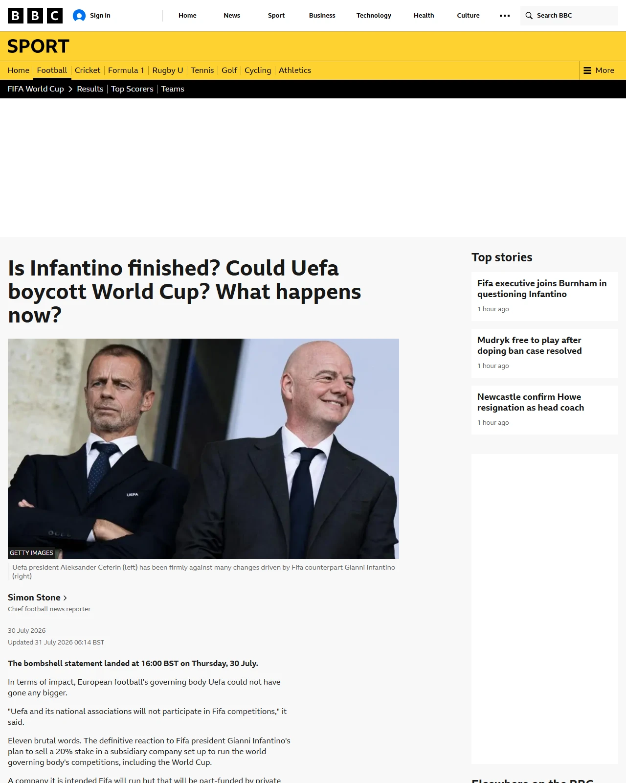 bbc.co.uk as published: What could happen to Fifa if Uefa boycotts World Cup?