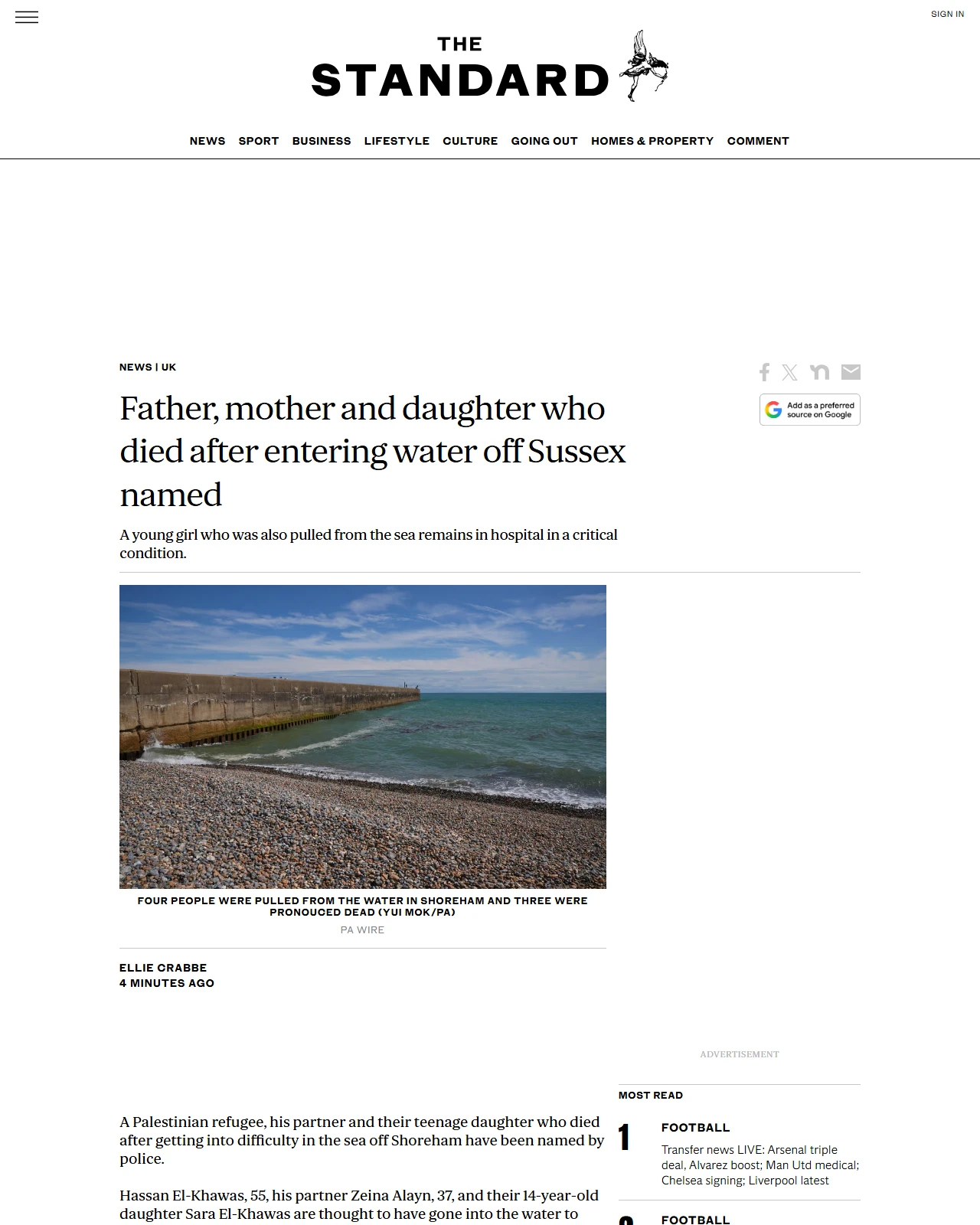 standard.co.uk as published: Father, mother and daughter who died after entering water off Sussex named