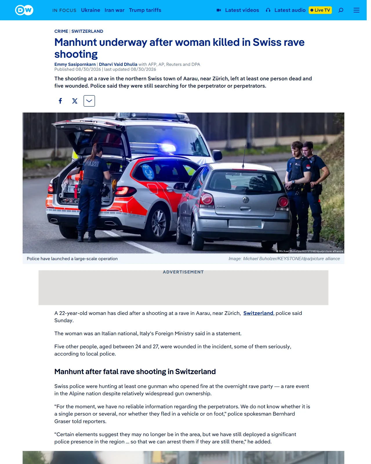 dw.com as published: Manhunt underway after woman killed in Swiss rave shooting