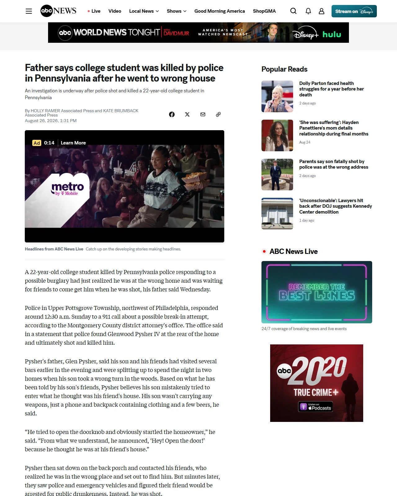 abcnews.com as published: Father says college student was killed by police in Pennsylvania after he went to wrong house - ABC News