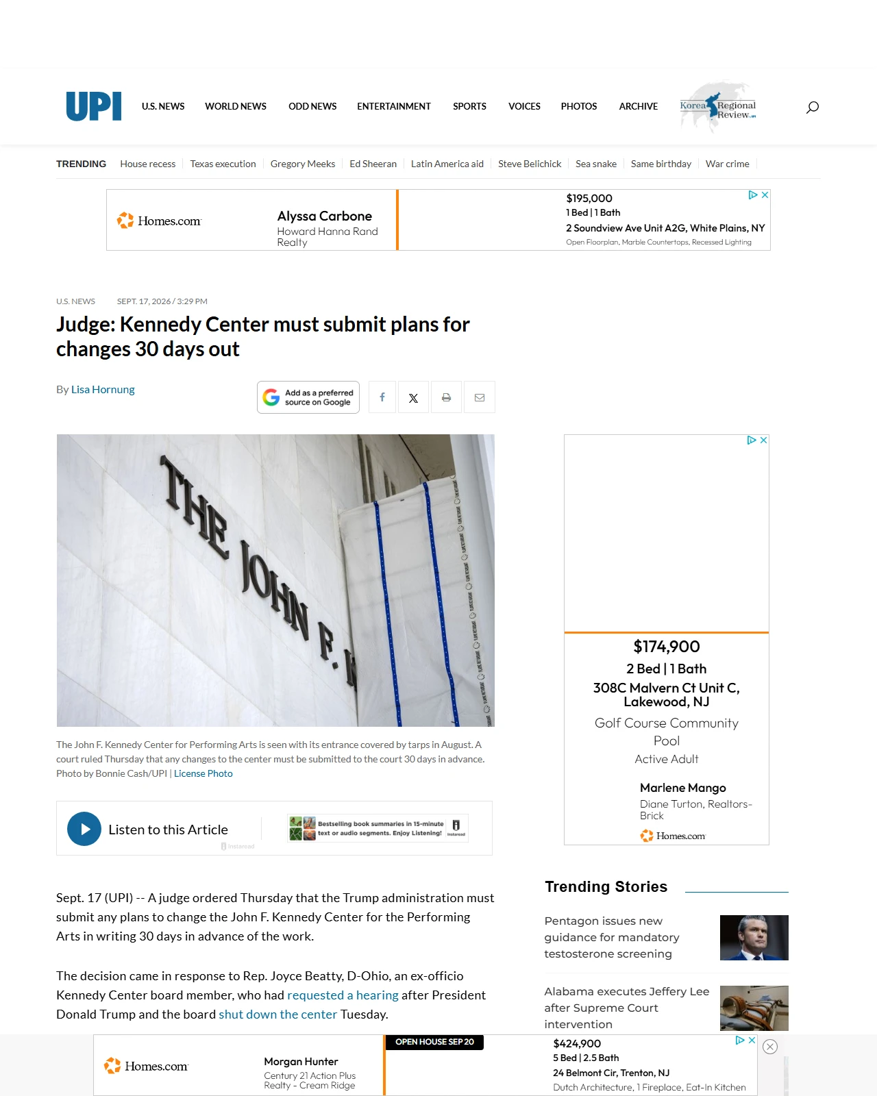 upi.com as published: Judge: Kennedy Center must submit plans for changes 30 days out
