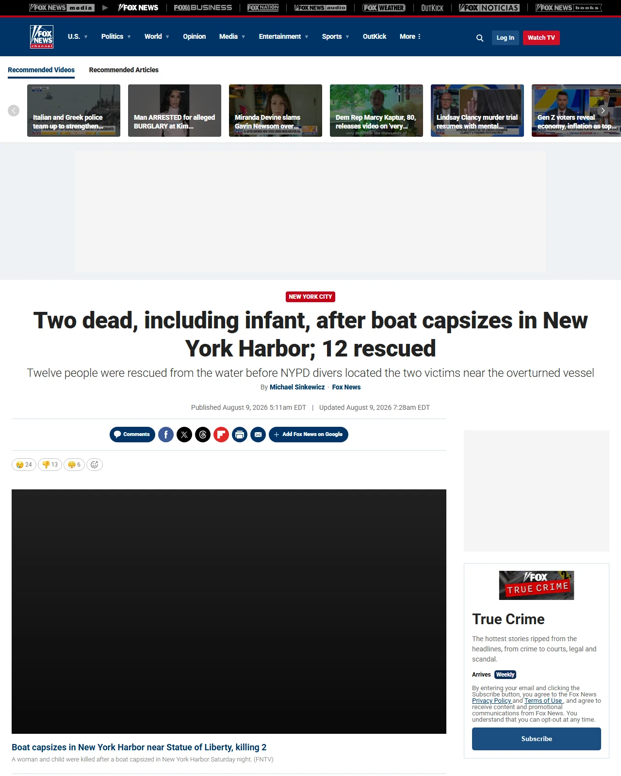 foxnews.com as published: Two dead, including infant, after boat capsizes in New York Harbor; 12 rescued