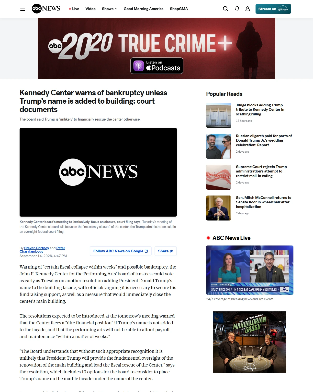 abcnews.com as published: Kennedy Center warns of bankruptcy unless Trump’s name is added to building: court documents - ABC News