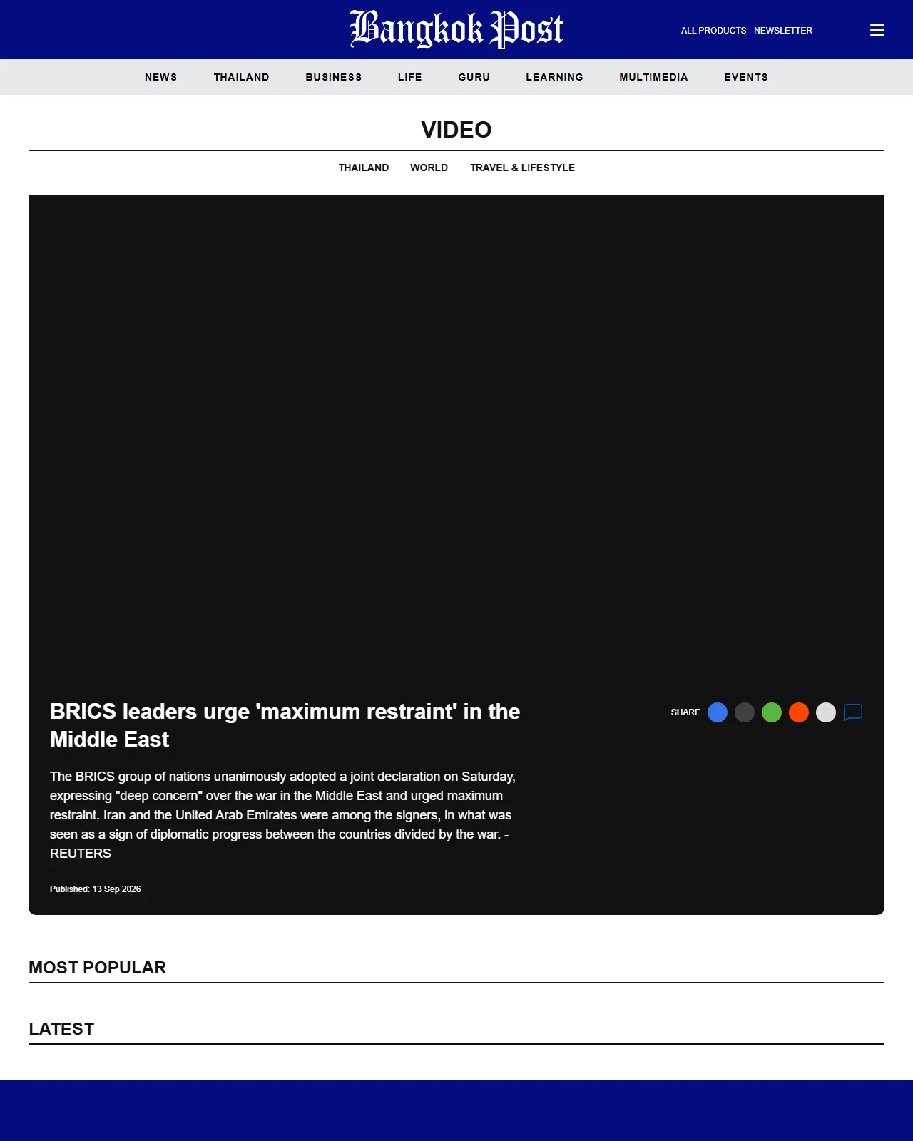 bangkokpost.com as published: BRICS leaders urge 'maximum restraint' in the Middle East