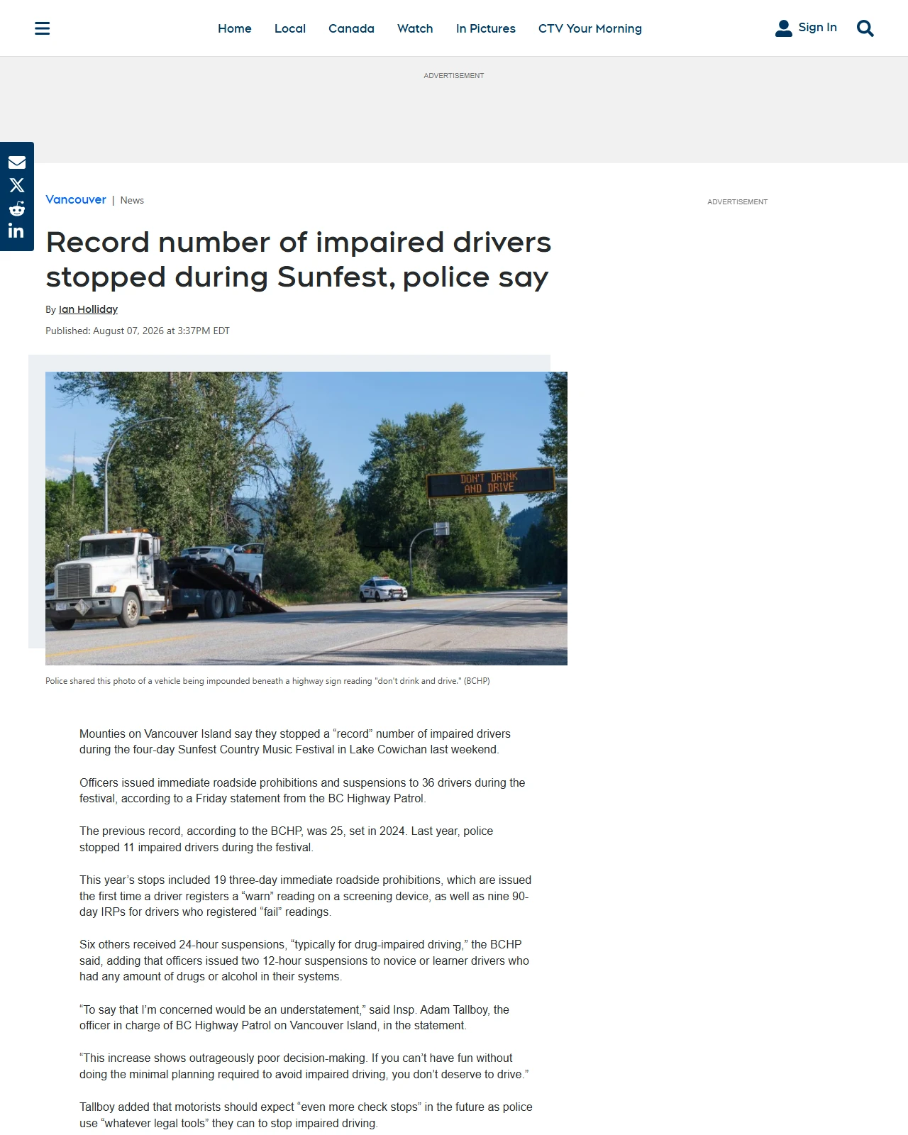 vancouverisland.ctvnews.ca as published: Record number of impaired drivers stopped during Sunfest, police say