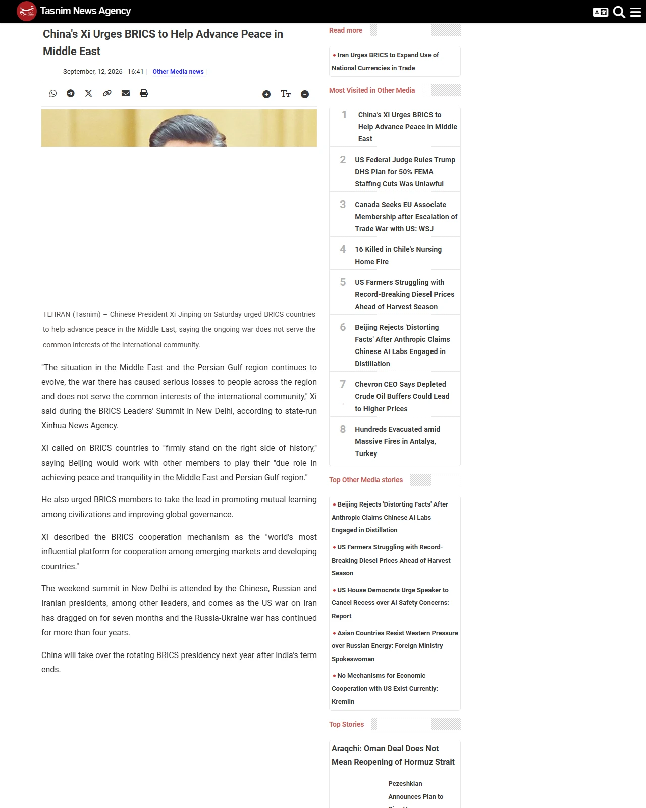 tasnimnews.ir as published: China's Xi Urges BRICS to Help Advance Peace in Middle East