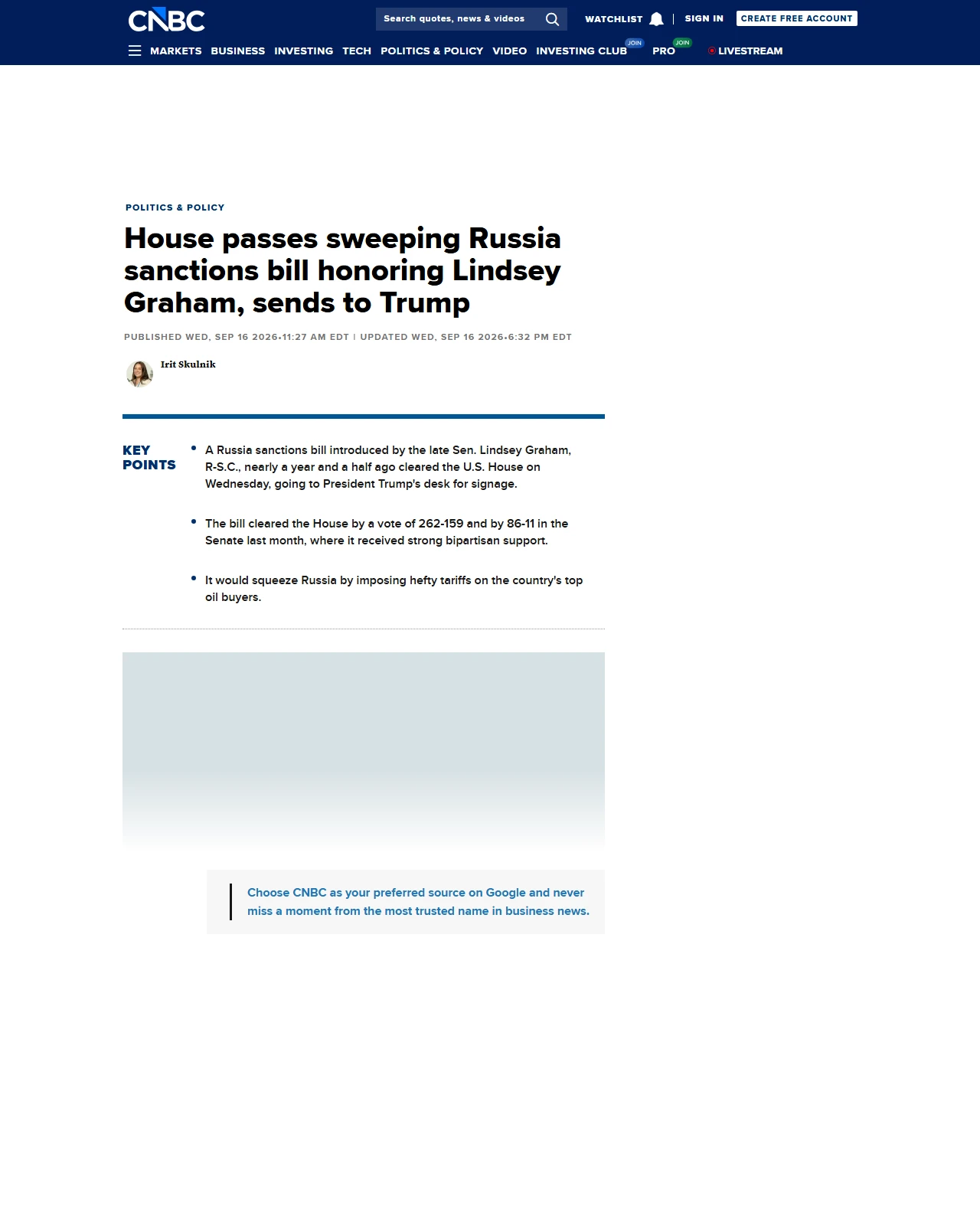 cnbc.com as published: House passes sweeping Russia sanctions bill honoring Lindsey Graham, sends to Trump