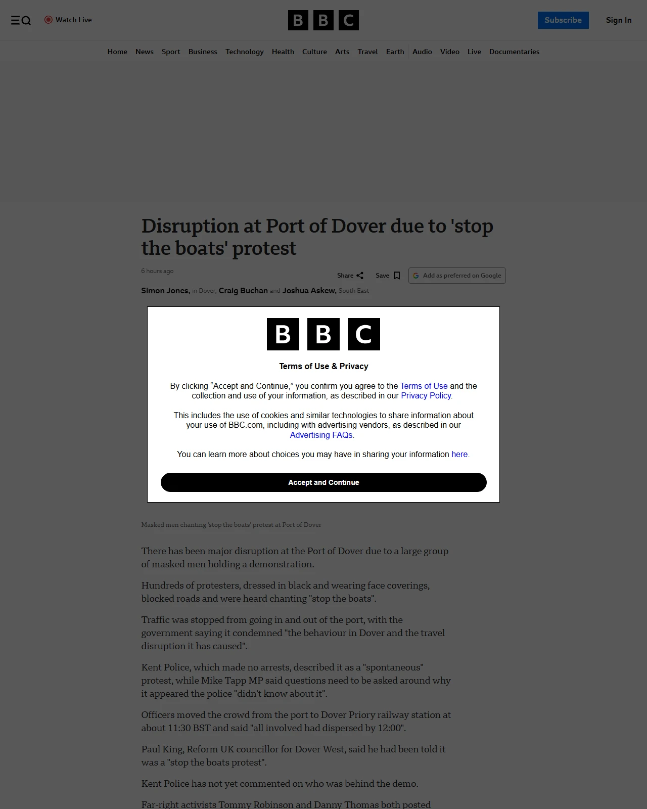 bbc.co.uk as published: Disruption at Port of Dover due to 'stop the boats' protest