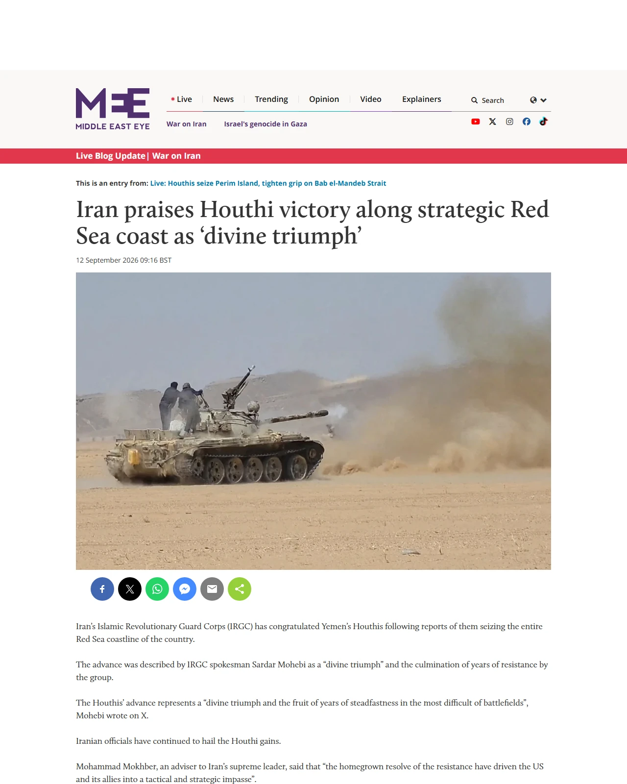 middleeasteye.net as published: Iran praises Houthi victory along strategic Red Sea coast as ‘divine triumph’