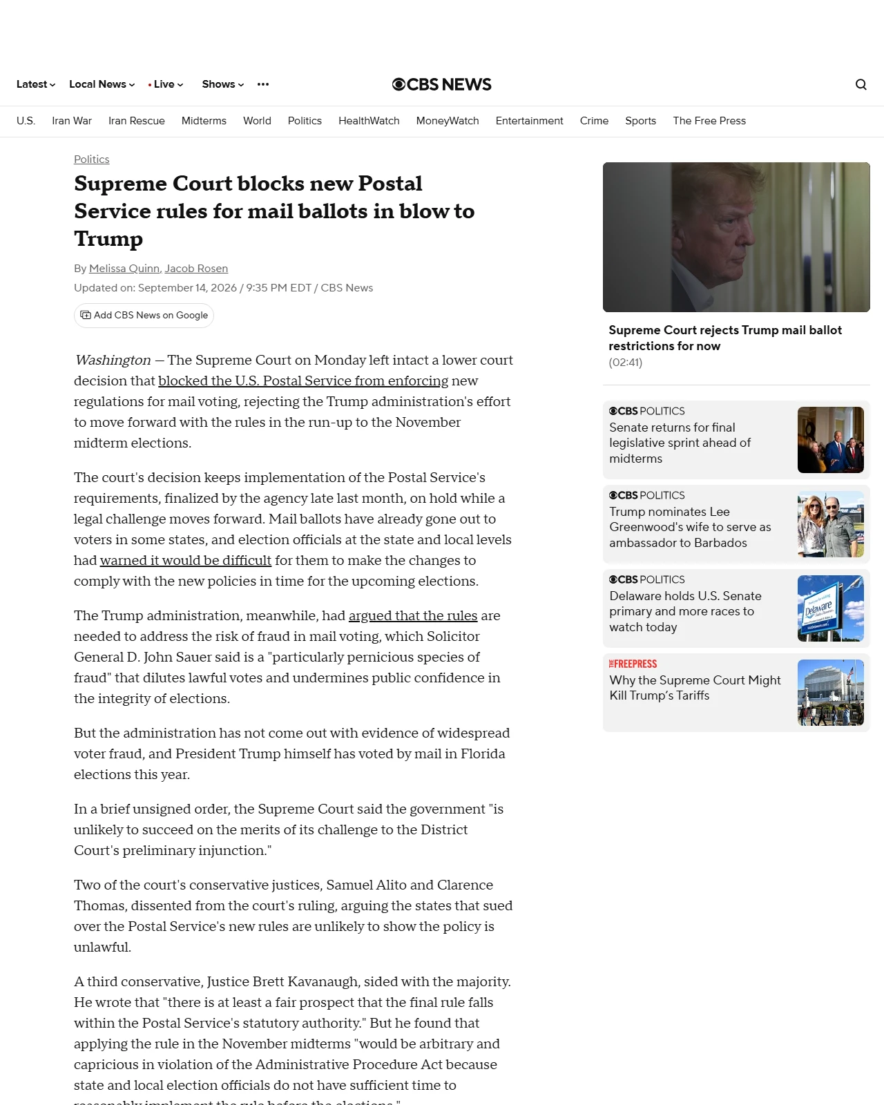 cbsnews.com as published: Supreme Court blocks new Postal Service rules for mail ballots in blow to Trump