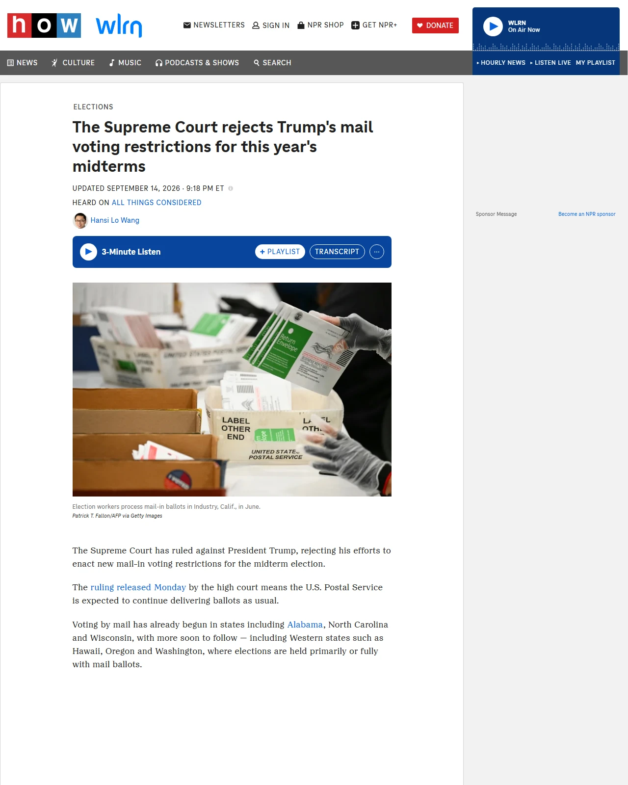 npr.org as published: The Supreme Court rejects Trump's mail voting restrictions for this year's midterms