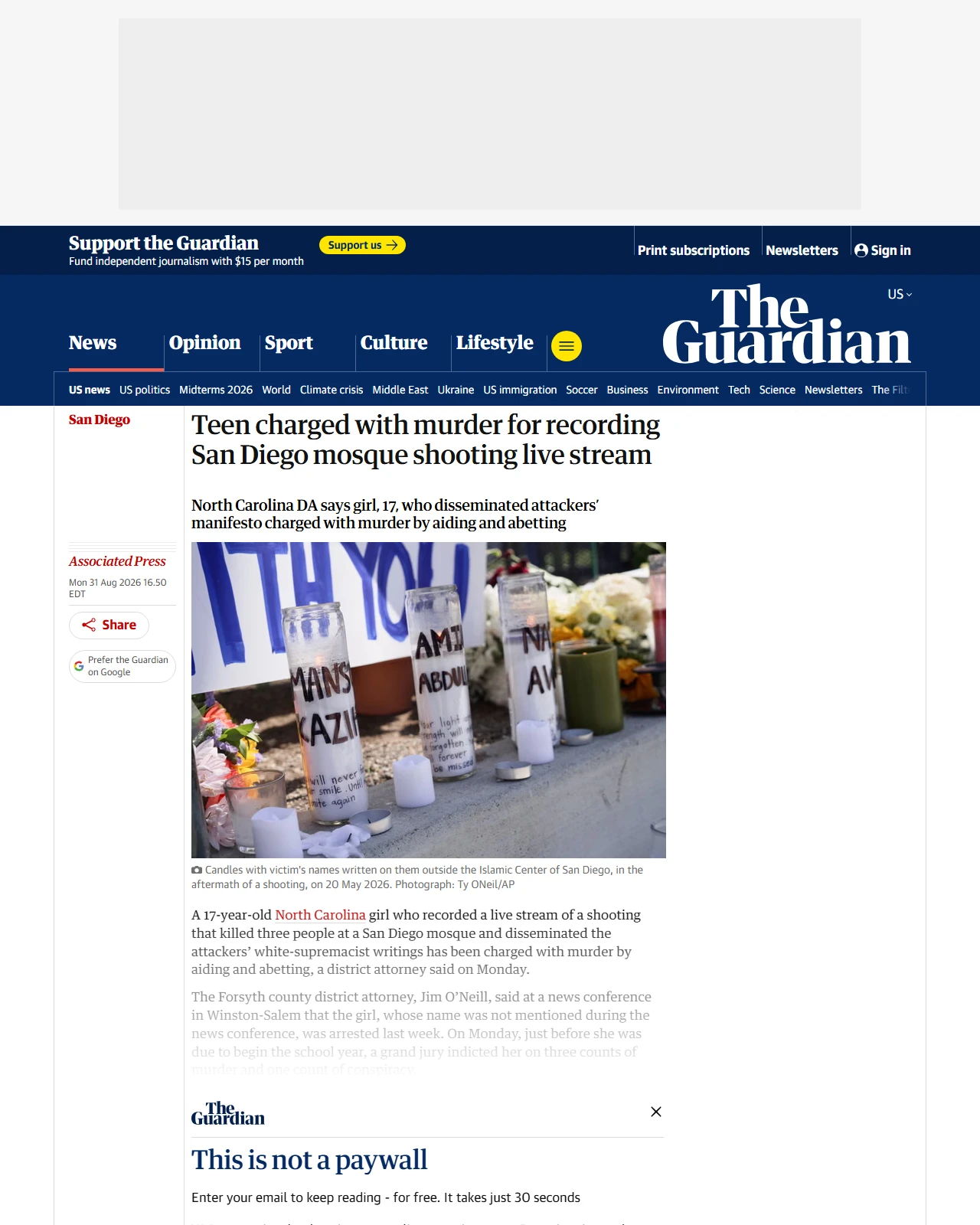 theguardian.com as published: Teen charged with murder for recording San Diego mosque shooting livestream