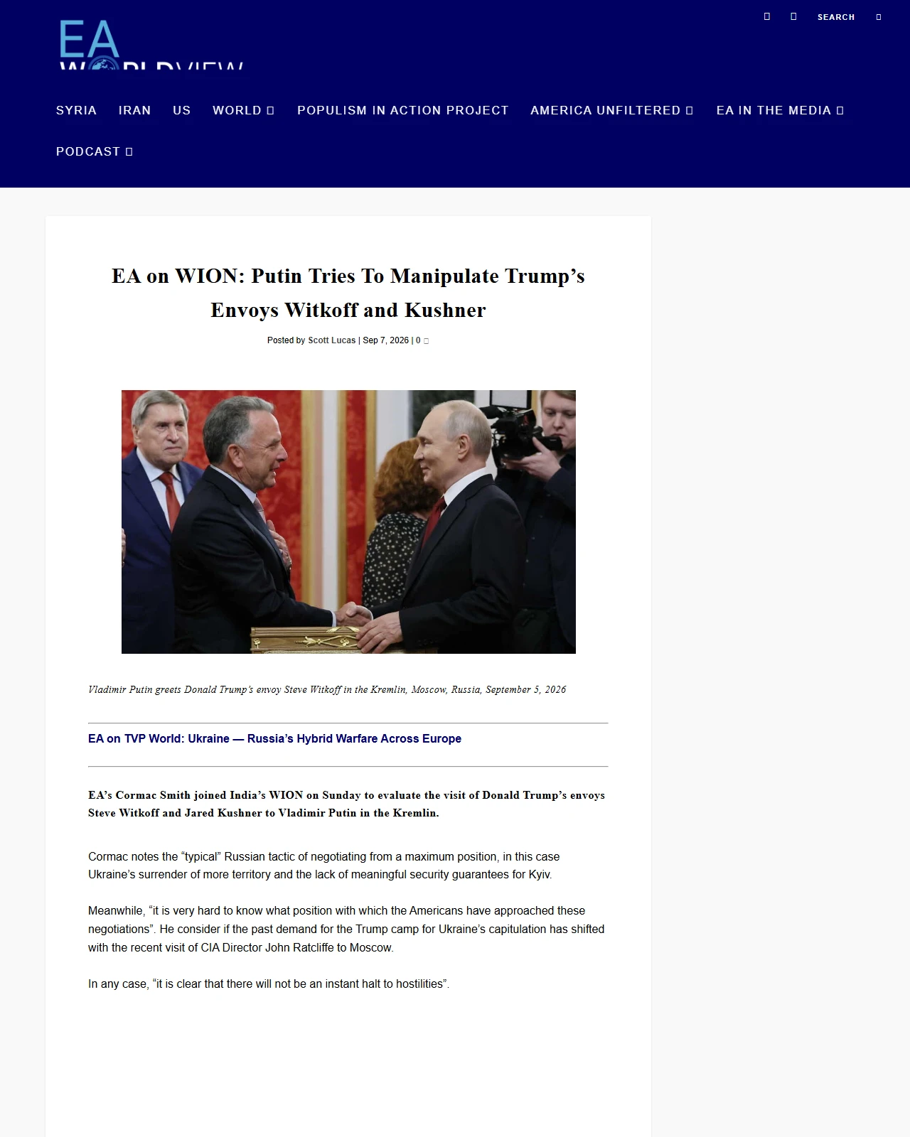 eaworldview.com as published: EA on WION: Putin Tries To Manipulate Trump’s Envoys Witkoff and Kushner