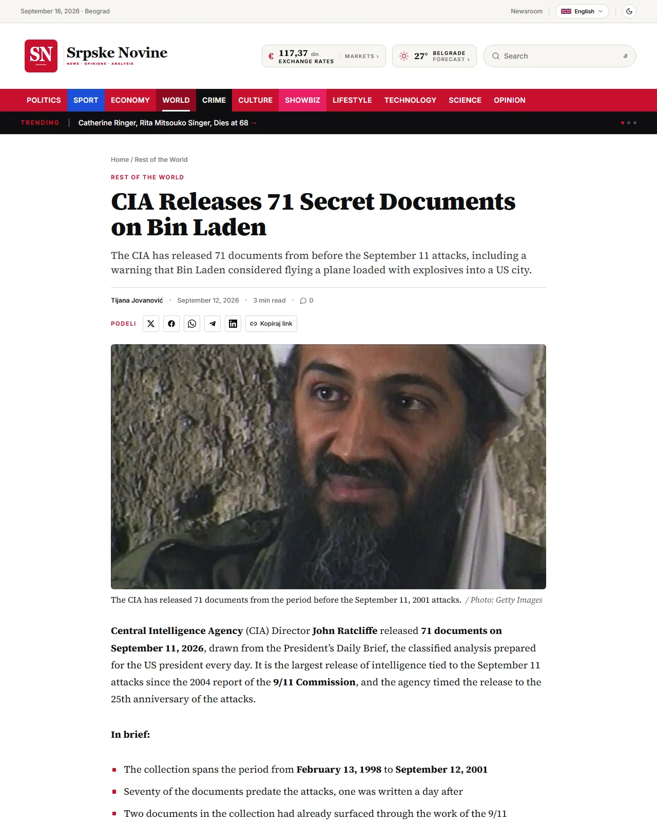 srpske.rs as published: CIA Releases 71 Secret Documents on Bin Laden