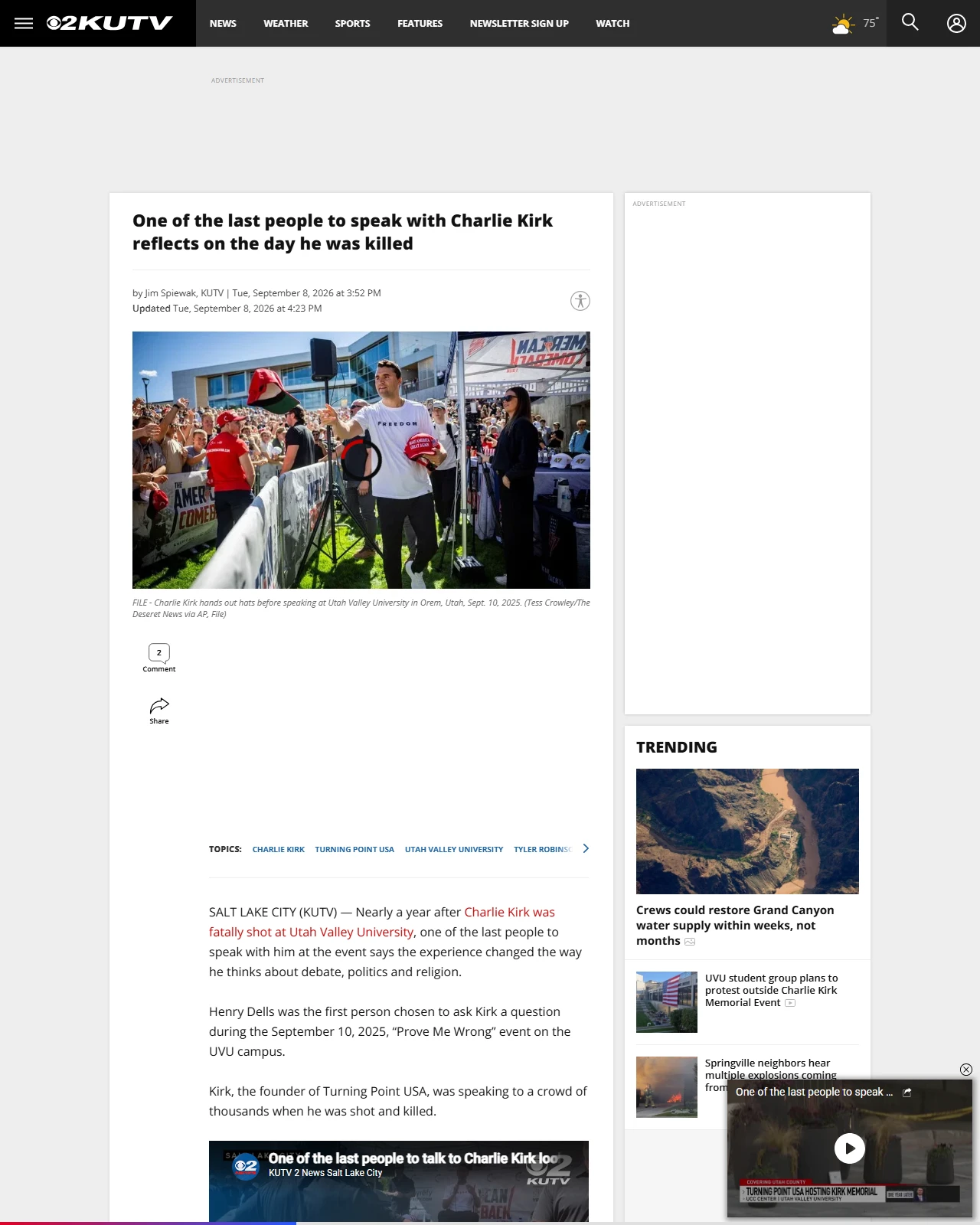 kutv.com as published: One of the last people to speak with Charlie Kirk reflects on the day he was killed