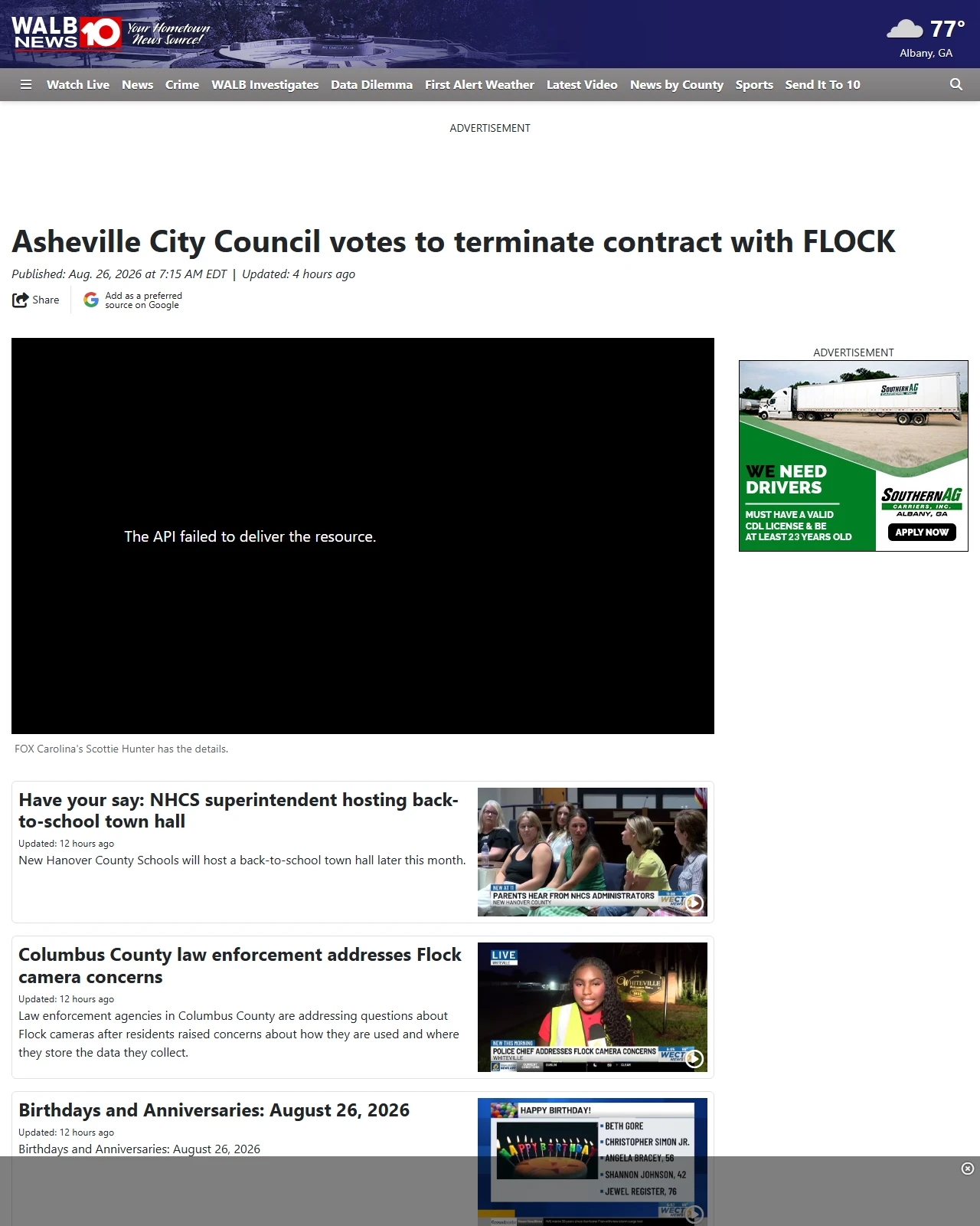walb.com as published: Asheville City Council votes to terminate contract with FLOCK
