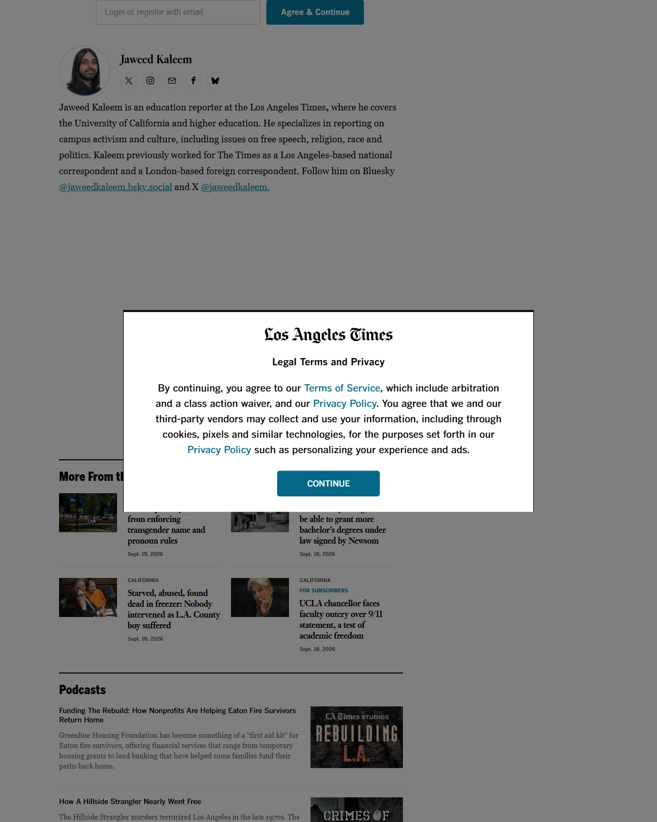 latimes.com as published: Campus jobs for undocumented students blocked by Newsom veto