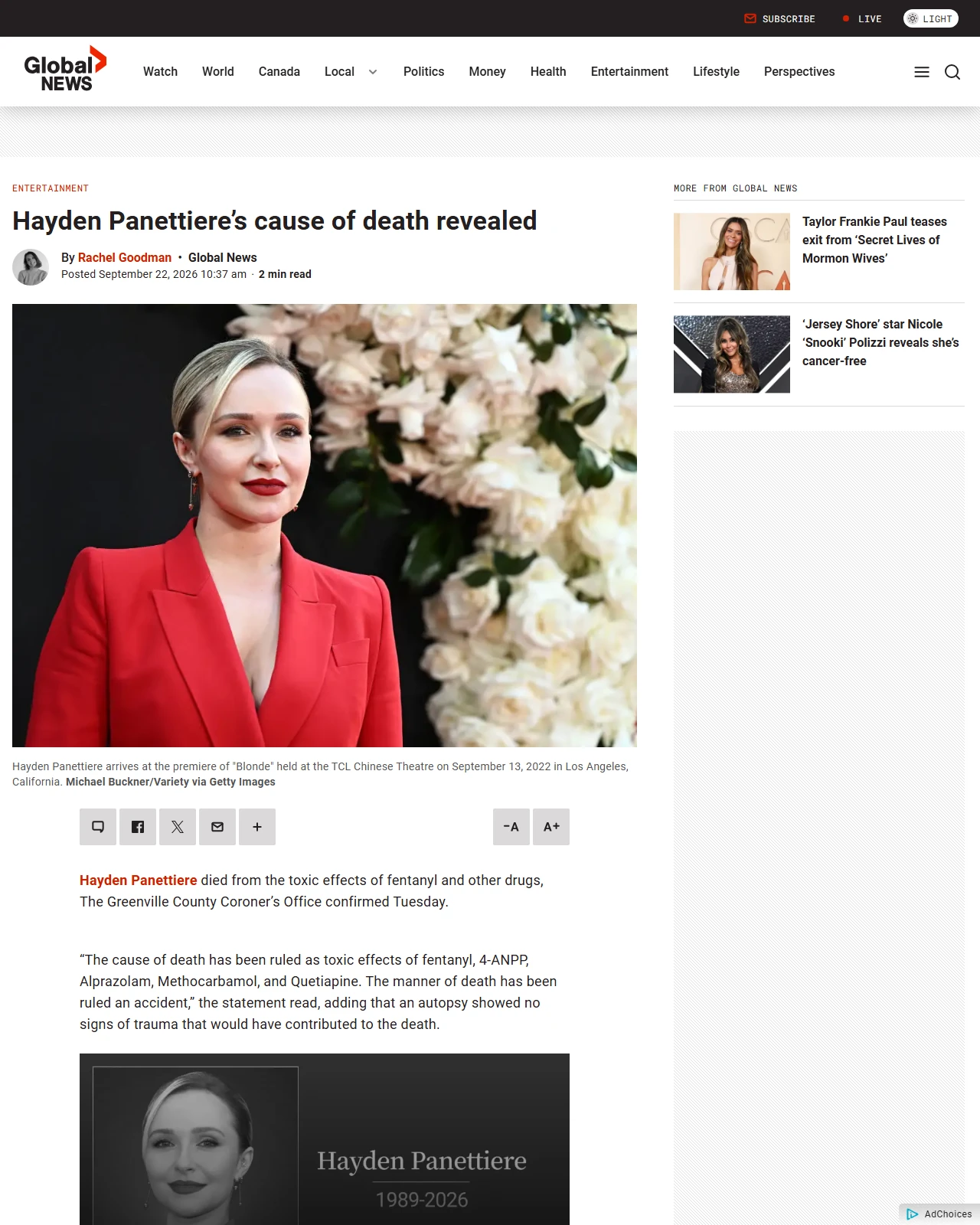 globalnews.ca as published: Hayden Panettiere’s cause of death revealed