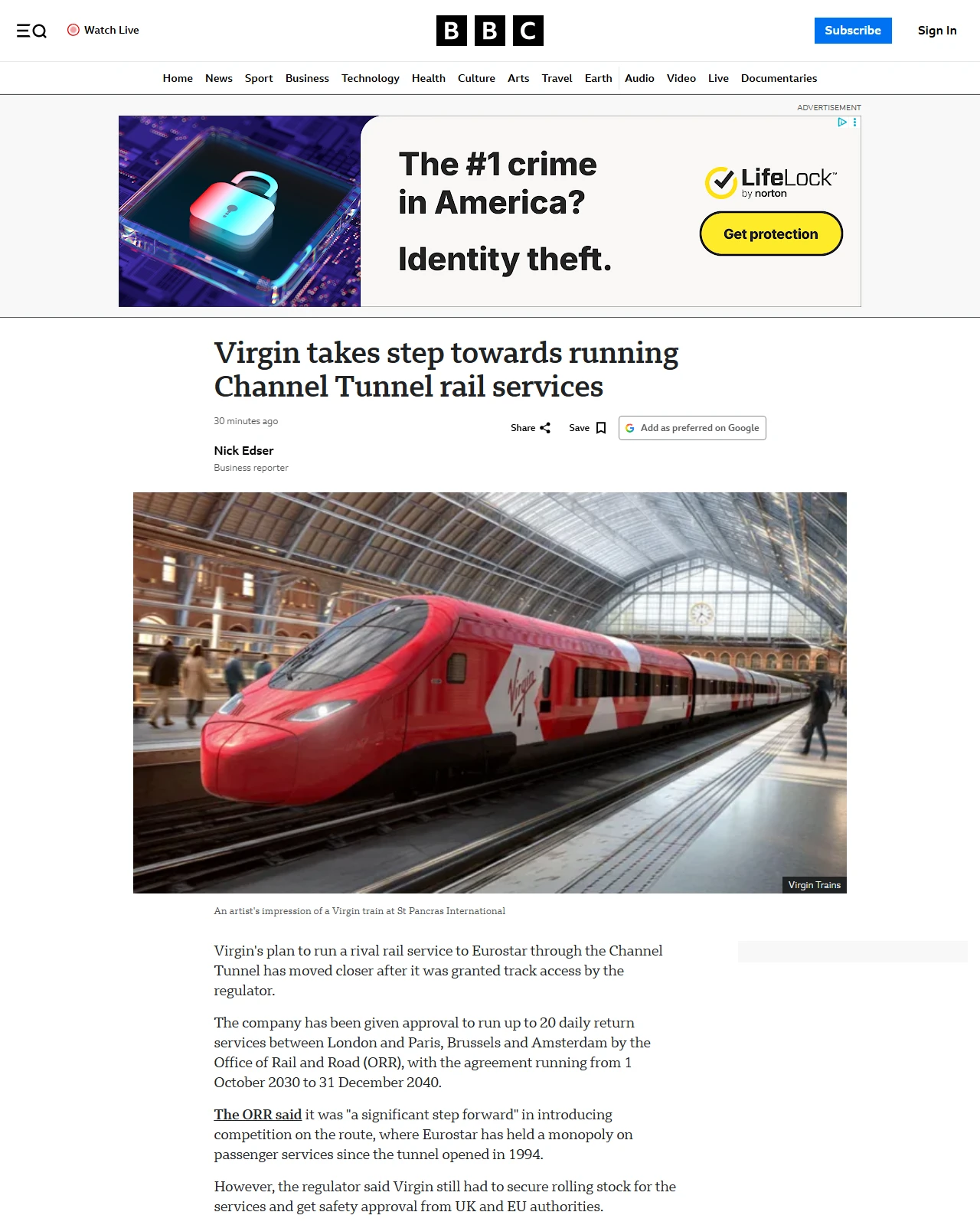bbc.co.uk as published: Virgin takes step towards running Channel Tunnel rail services