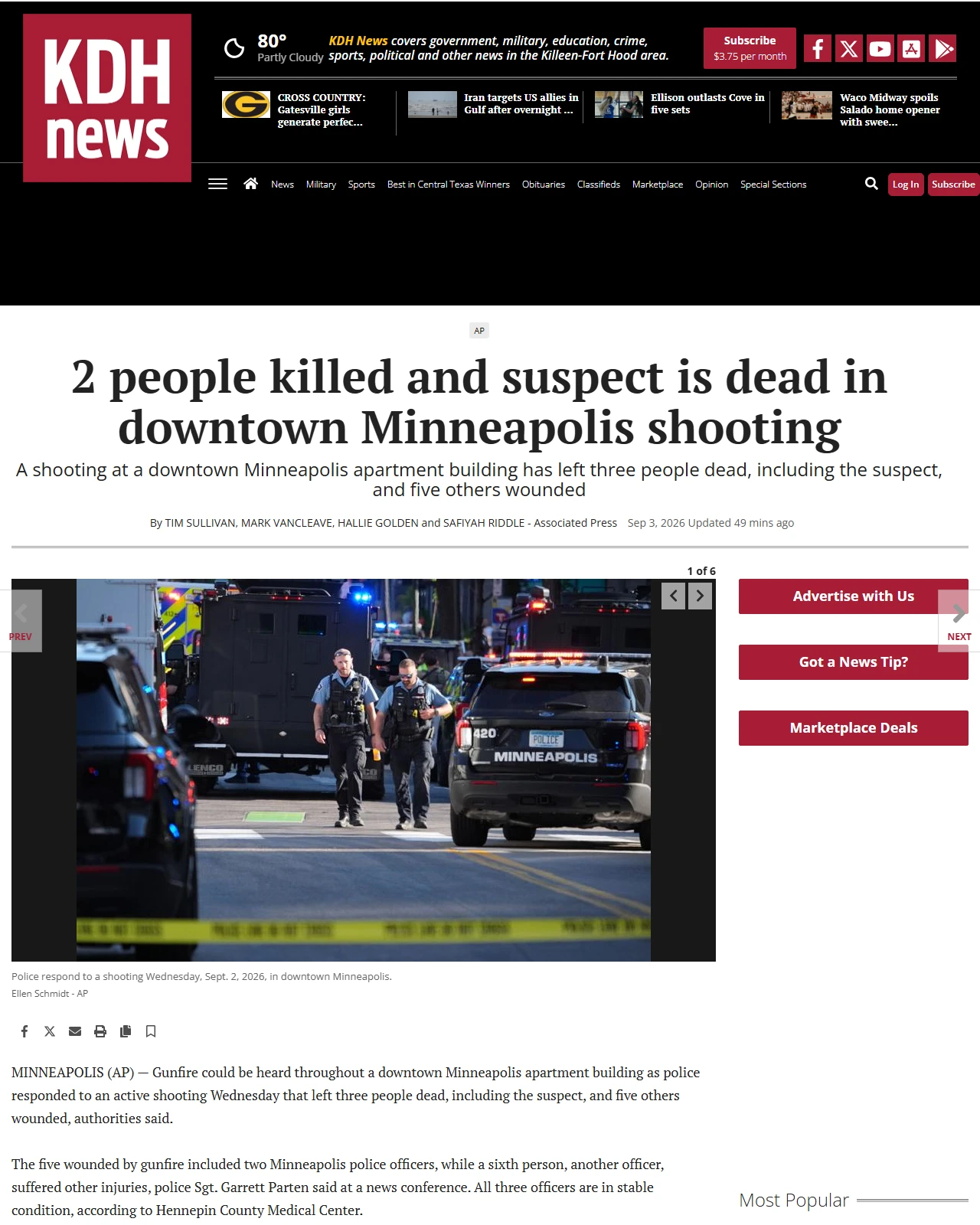 kdhnews.com as published: At least 1 person was killed, 6 injured in downtown Minneapolis shooting, hospital officials say