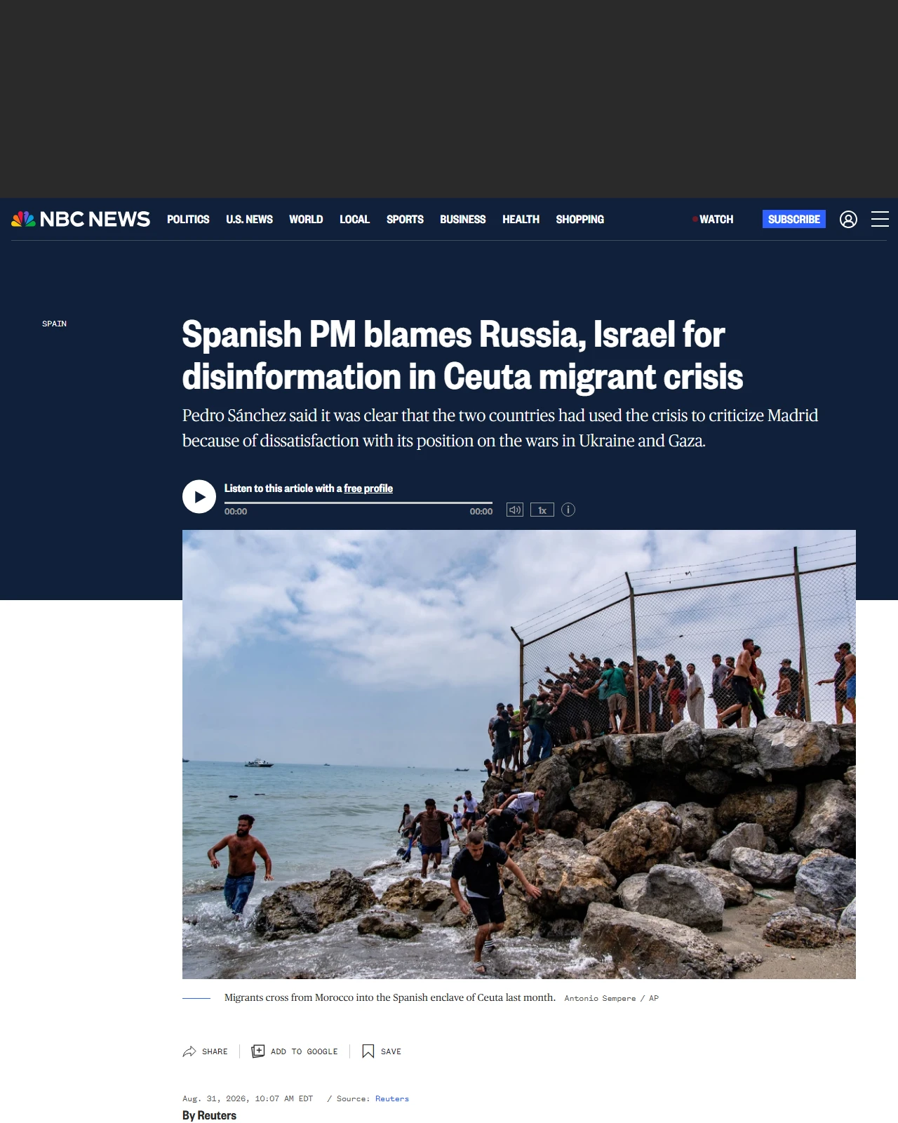 nbcnews.com as published: Spanish PM blames Russia, Israel for disinformation in Ceuta migrant crisis
