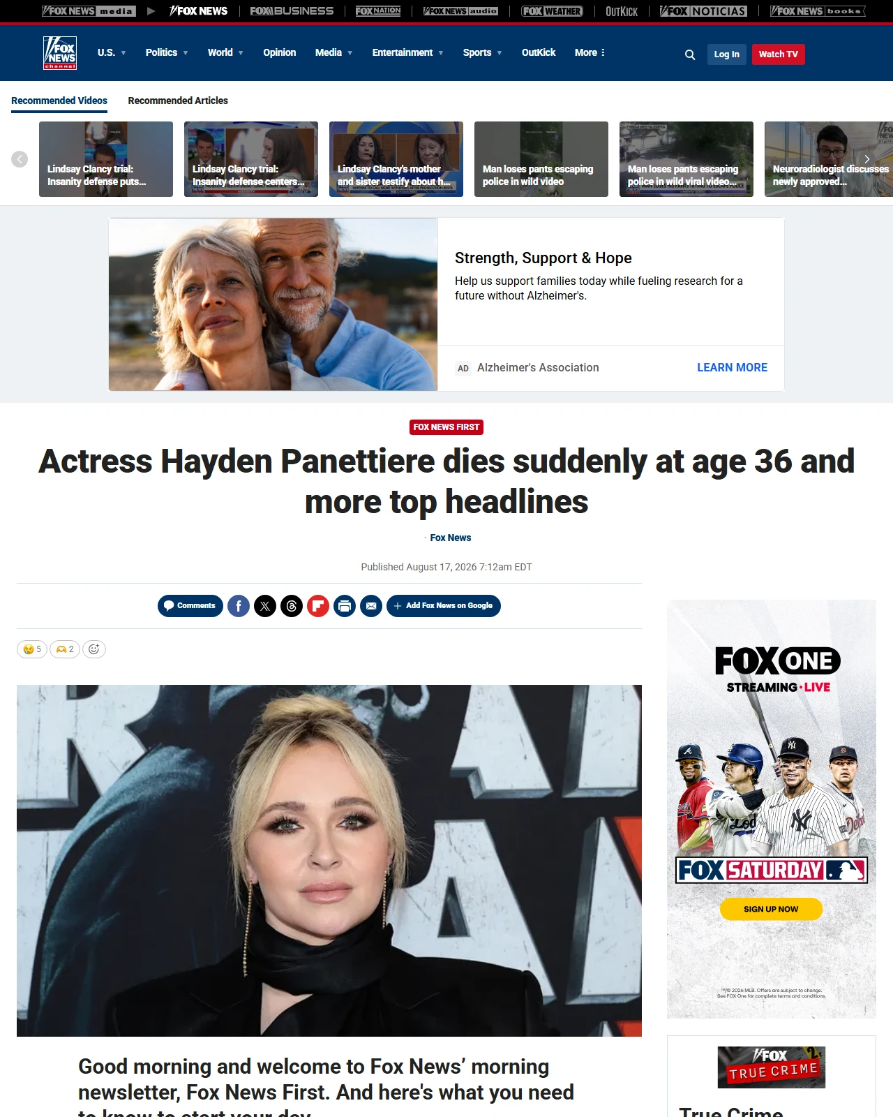 foxnews.com as published: Actress Hayden Panettiere dies suddenly at age 36 and more top headlines