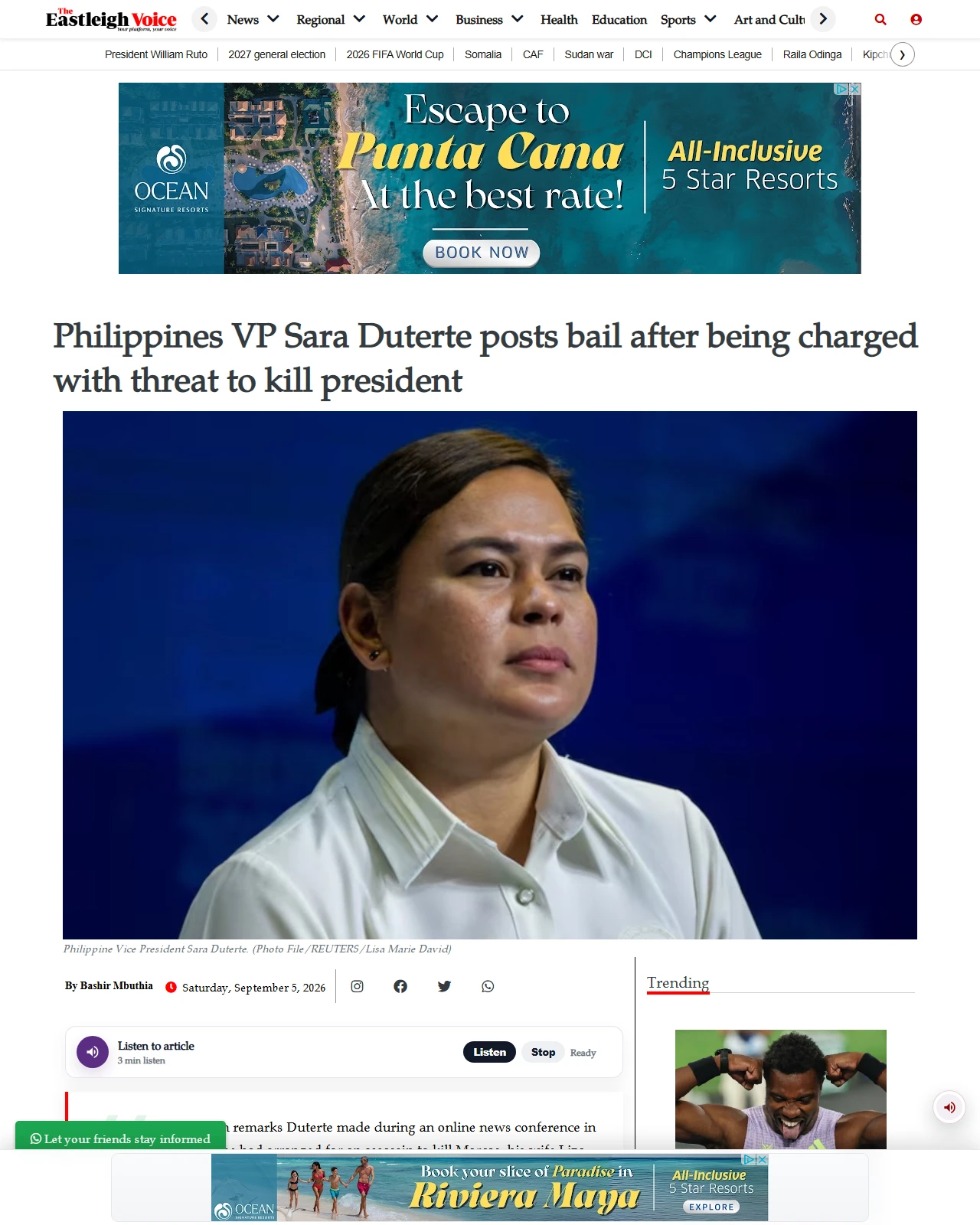 eastleighvoice.co.ke as published: Philippines VP Sara Duterte posts bail after being charged with threat to kill president