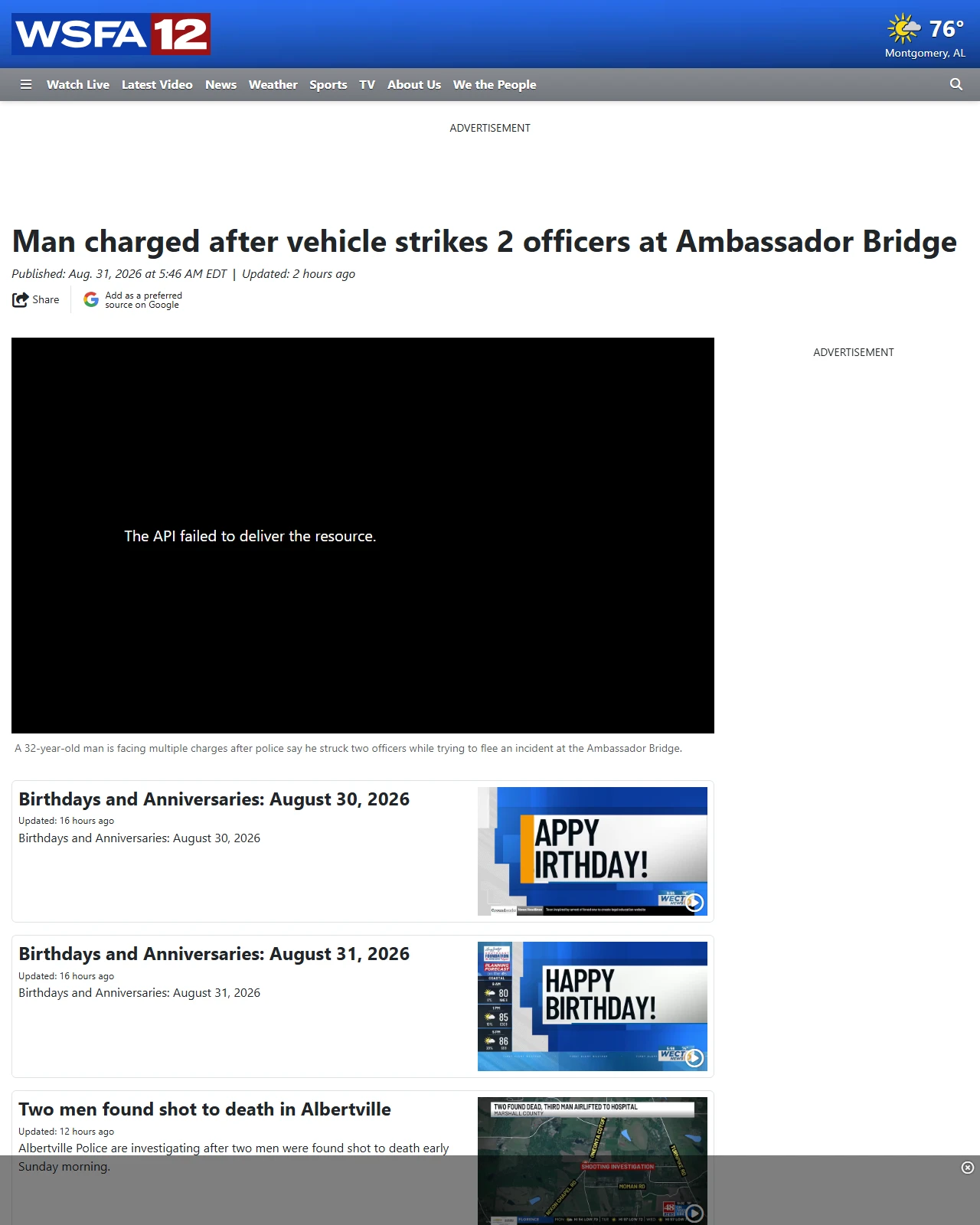wsfa.com as published: Man charged after vehicle strikes 2 officers at Ambassador Bridge