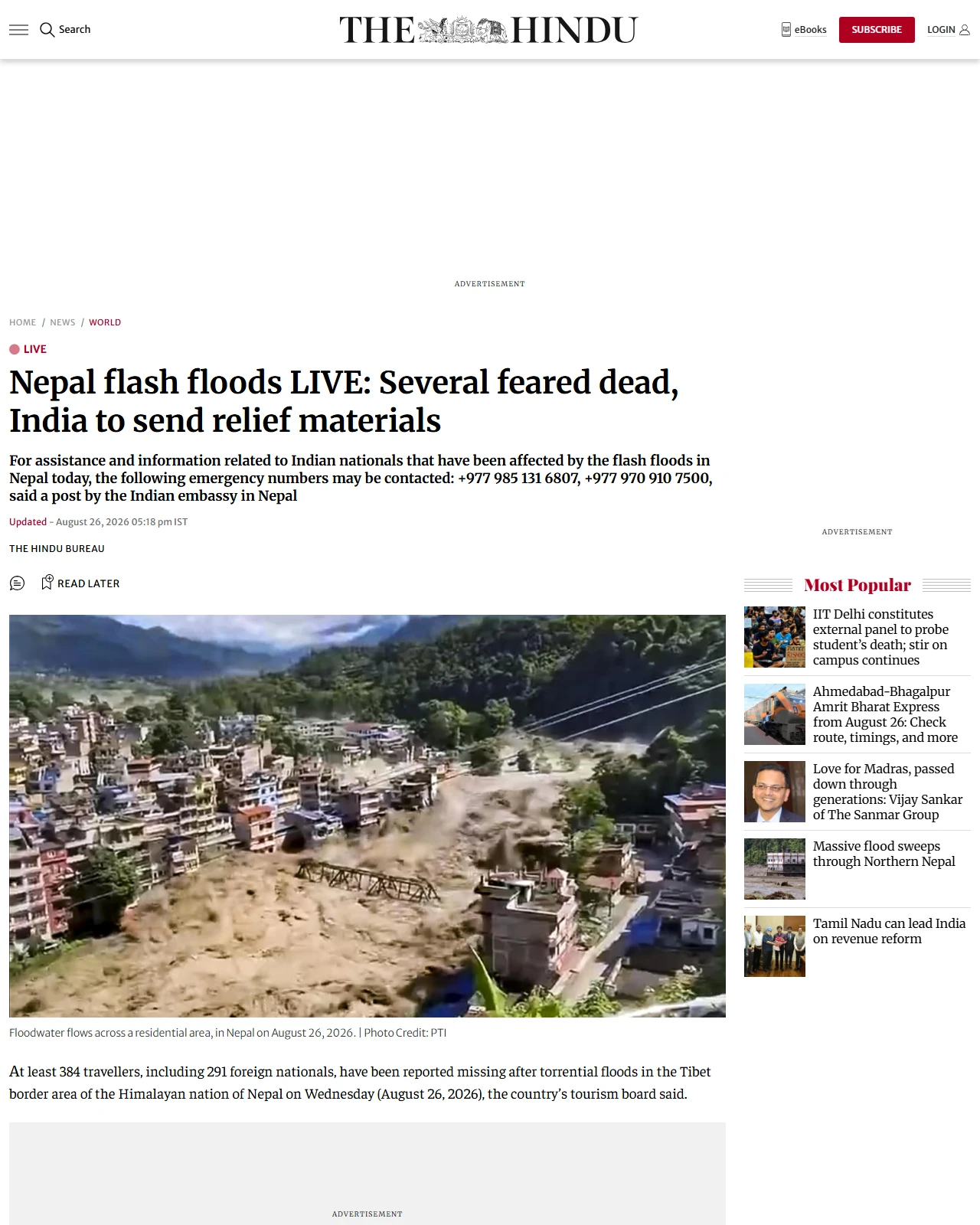 thehindu.com as published: Nepal flash floods LIVE: At least 95 dead, more than 400 missing; India sends first tranche of relief materials