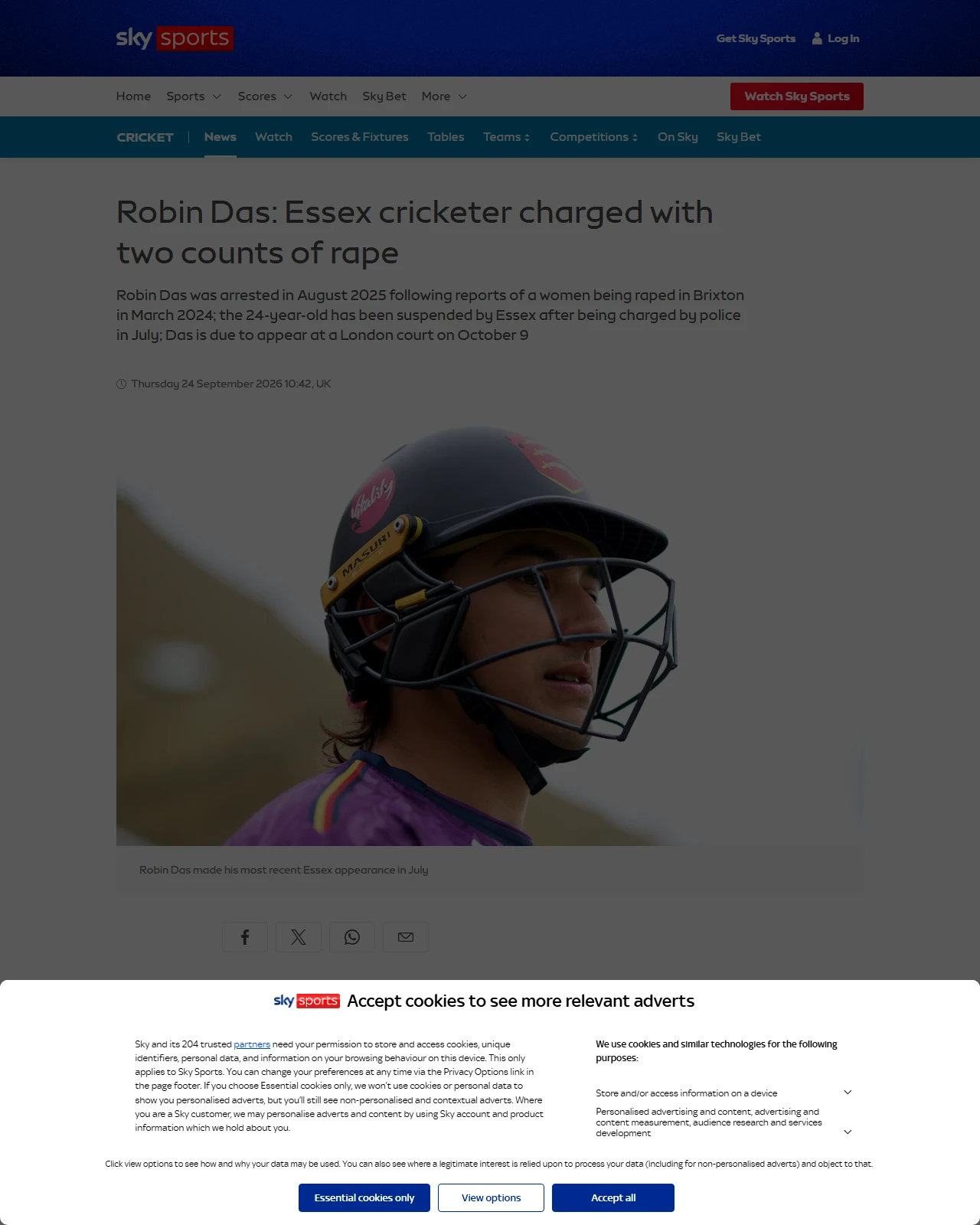 skysports.com as published: Robin Das: Essex cricketer charged with two counts of rape