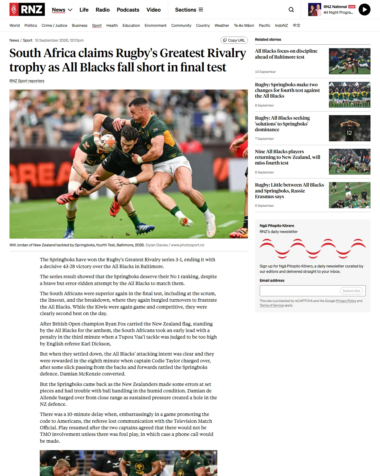 rnz.co.nz as published: South Africa claims Rugby's Greatest Rivalry trophy as All Blacks fall short in final test
